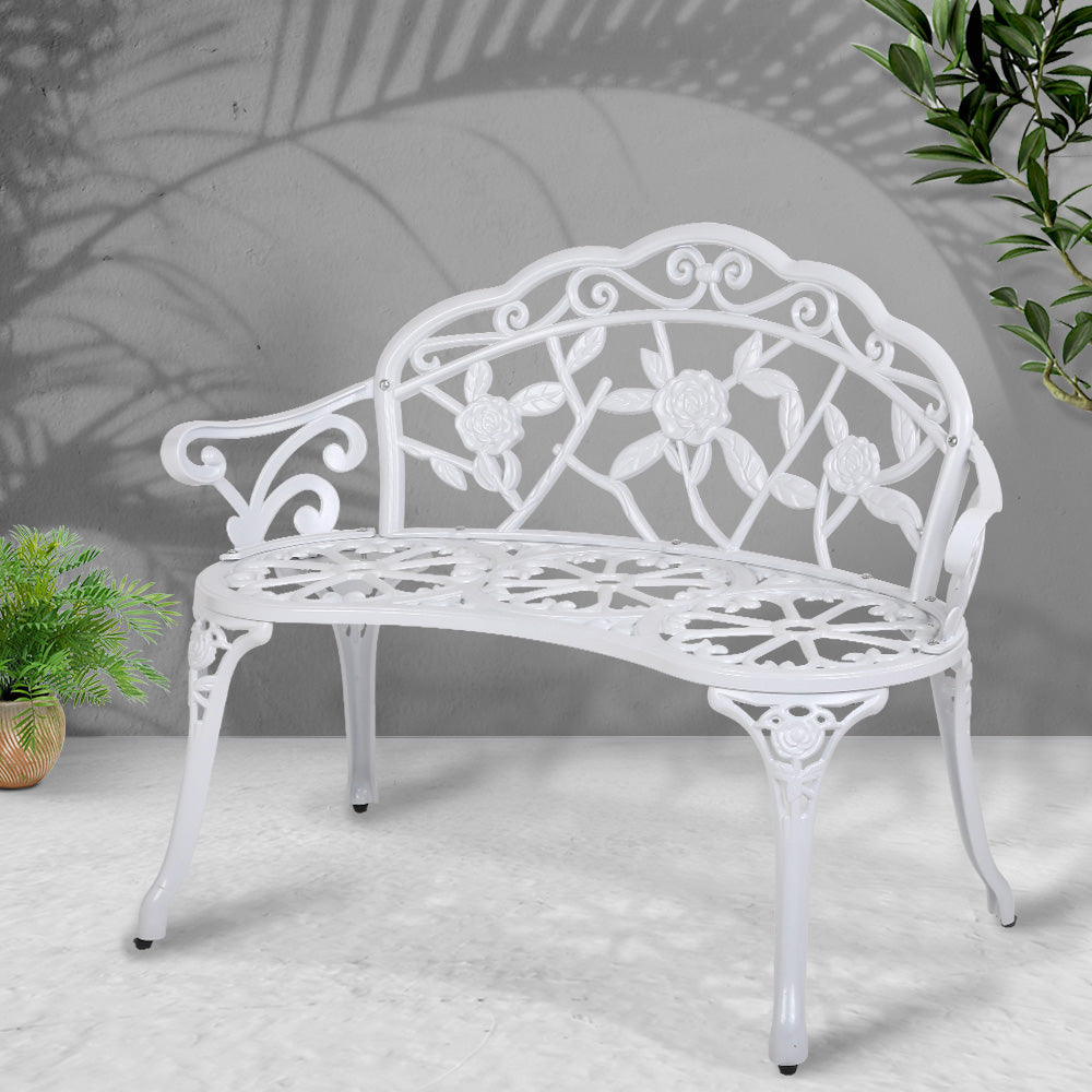 Gardeon Outdoor Garden Bench Seat 100cm Cast Aluminium Outdoor Patio Chair Vintage White GB-CALU-XG1002-WH