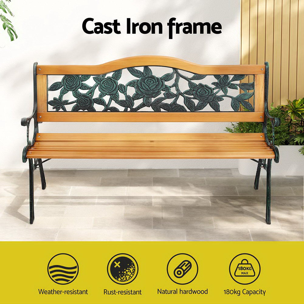 Gardeon Outdoor Garden Bench Seat 126cm Wooden Cast Iron 3 Seater Patio Furniture GB-IR-WOOD-NTL