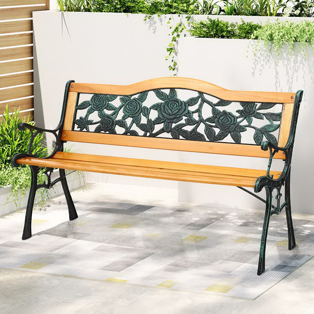 Gardeon Outdoor Garden Bench Seat 126cm Wooden Cast Iron 3 Seater Patio Furniture GB-IR-WOOD-NTL
