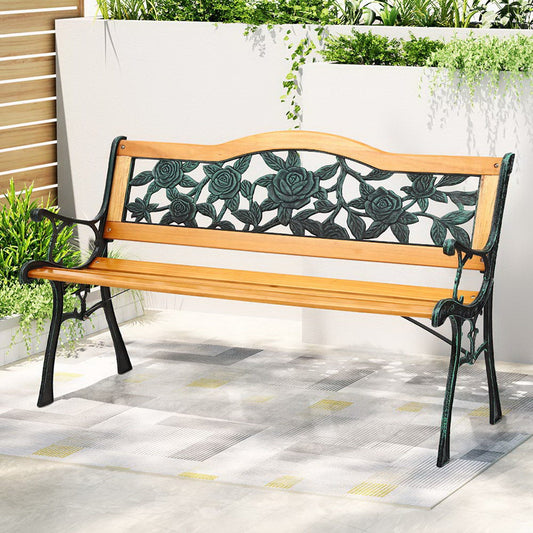 Gardeon Outdoor Garden Bench Seat 126cm Wooden Cast Iron 3 Seater Patio Furniture GB-IR-WOOD-NTL