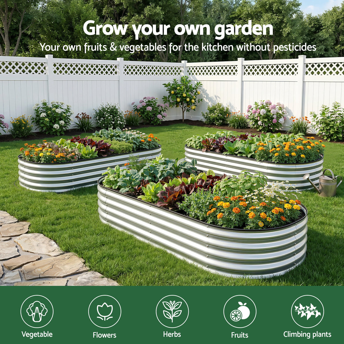 Green Fingers Raised Garden Bed Galvanised Oval Metal Planter Box Large Outdoor 120x60x30cm Silver GB-OVAL-1206030-SL