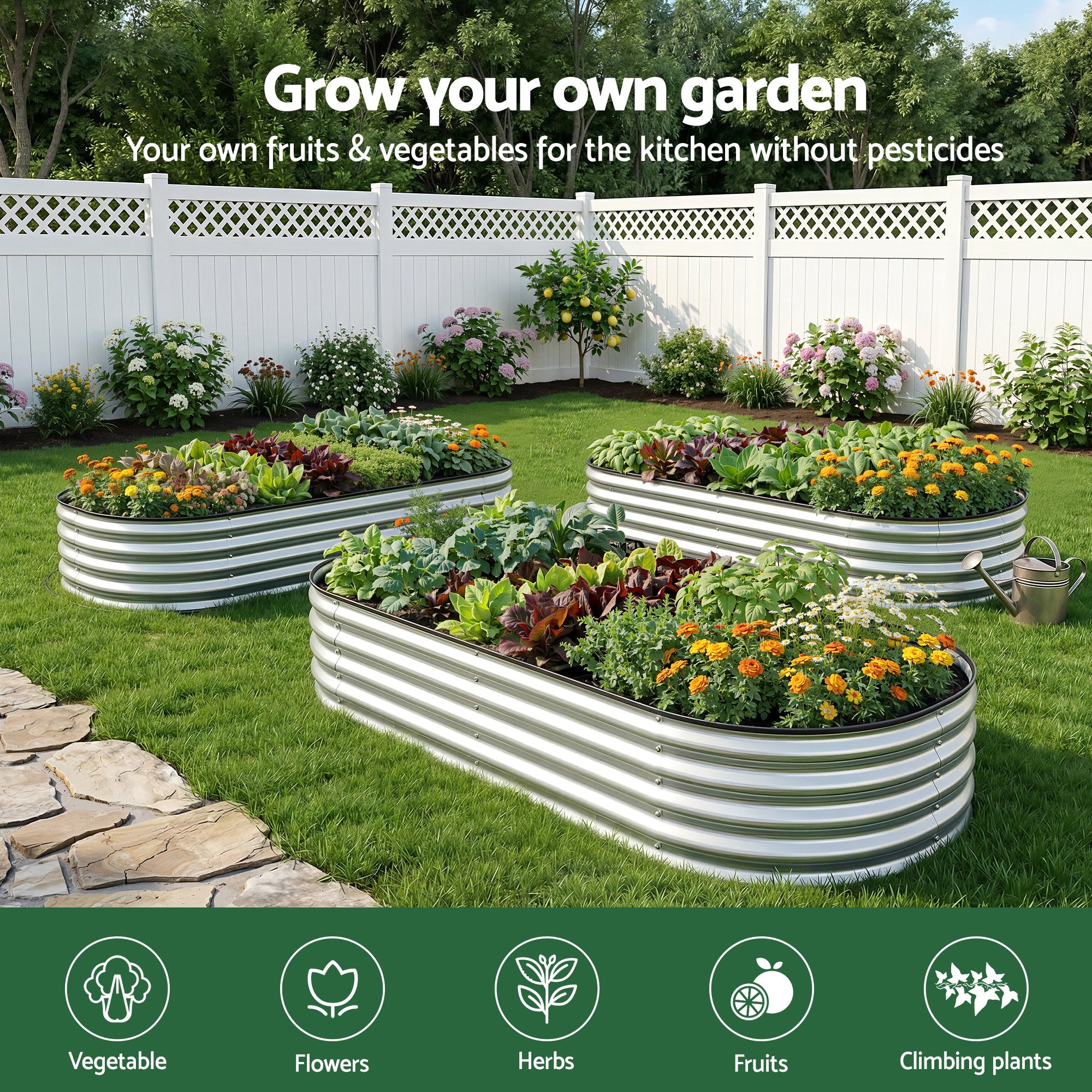 Green Fingers Raised Garden Bed Galvanised Oval Metal Planter Box Large Outdoor 120x60x30cm Silver GB-OVAL-1206030-SL