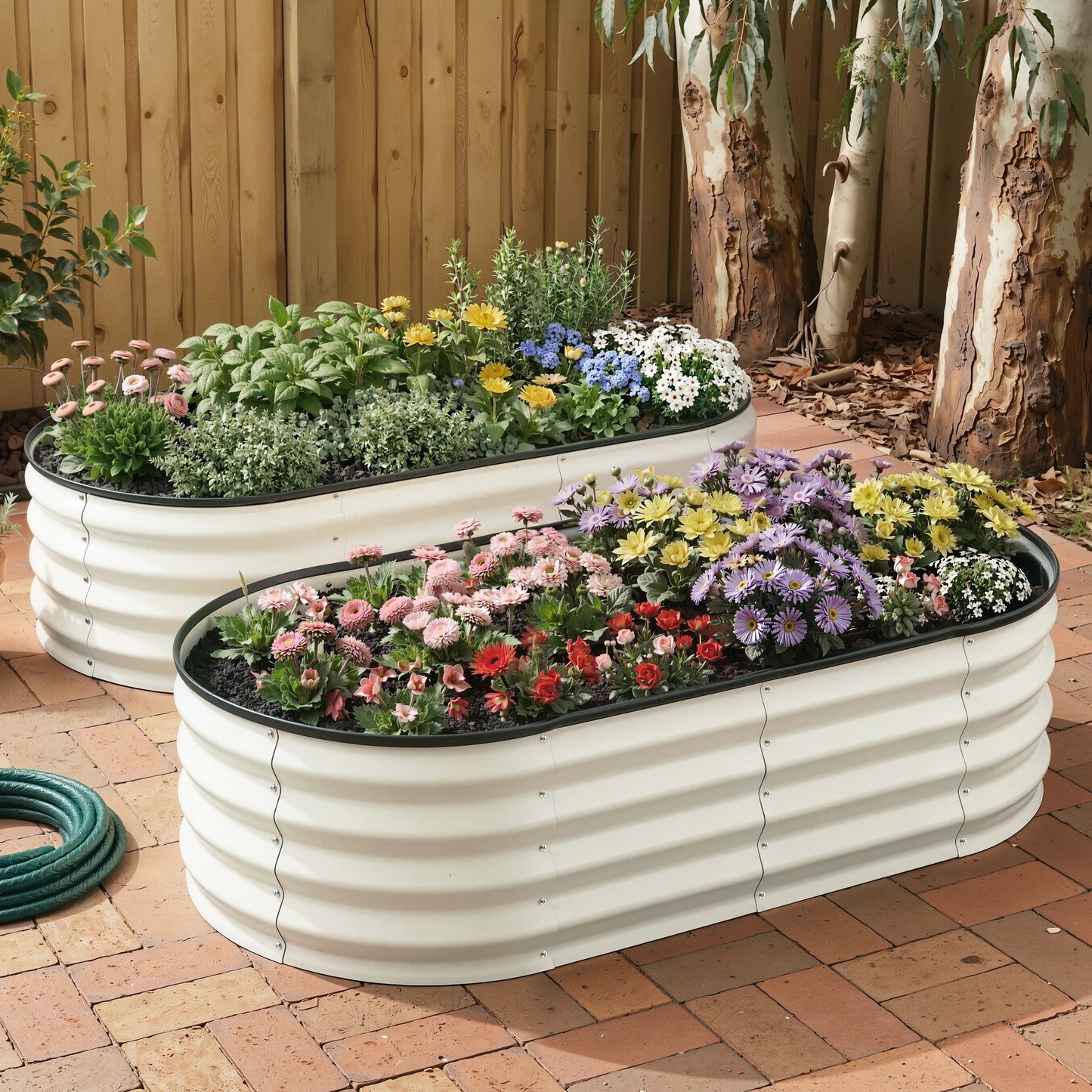 Green Fingers Raised Garden Bed 2 Pack Galvanised Planter Box Rust Resistant 120x60x30cm White GB-OVAL-1206030-WHX2