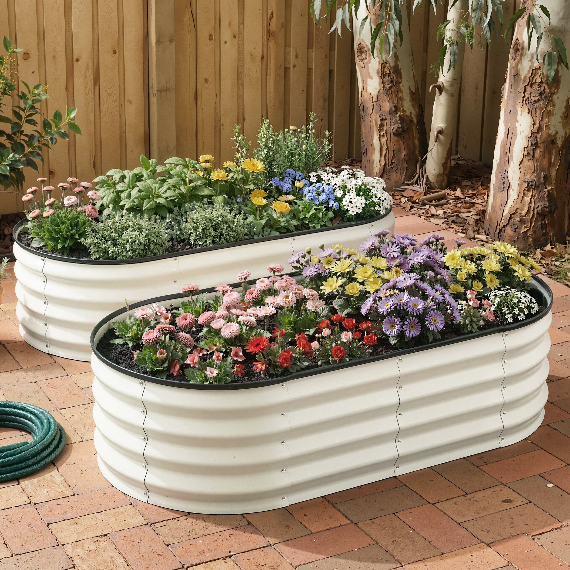 Green Fingers Raised Garden Bed 2 Pack Galvanised Planter Box Rust Resistant 120x60x30cm White GB-OVAL-1206030-WHX2