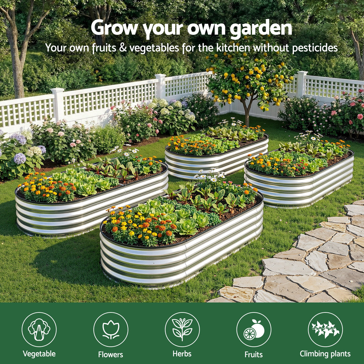 Green Fingers Raised Garden Bed Galvanised Oval Metal Planter Box Large Outdoor 150x70x30cm Silver GB-OVAL-1507030-SL