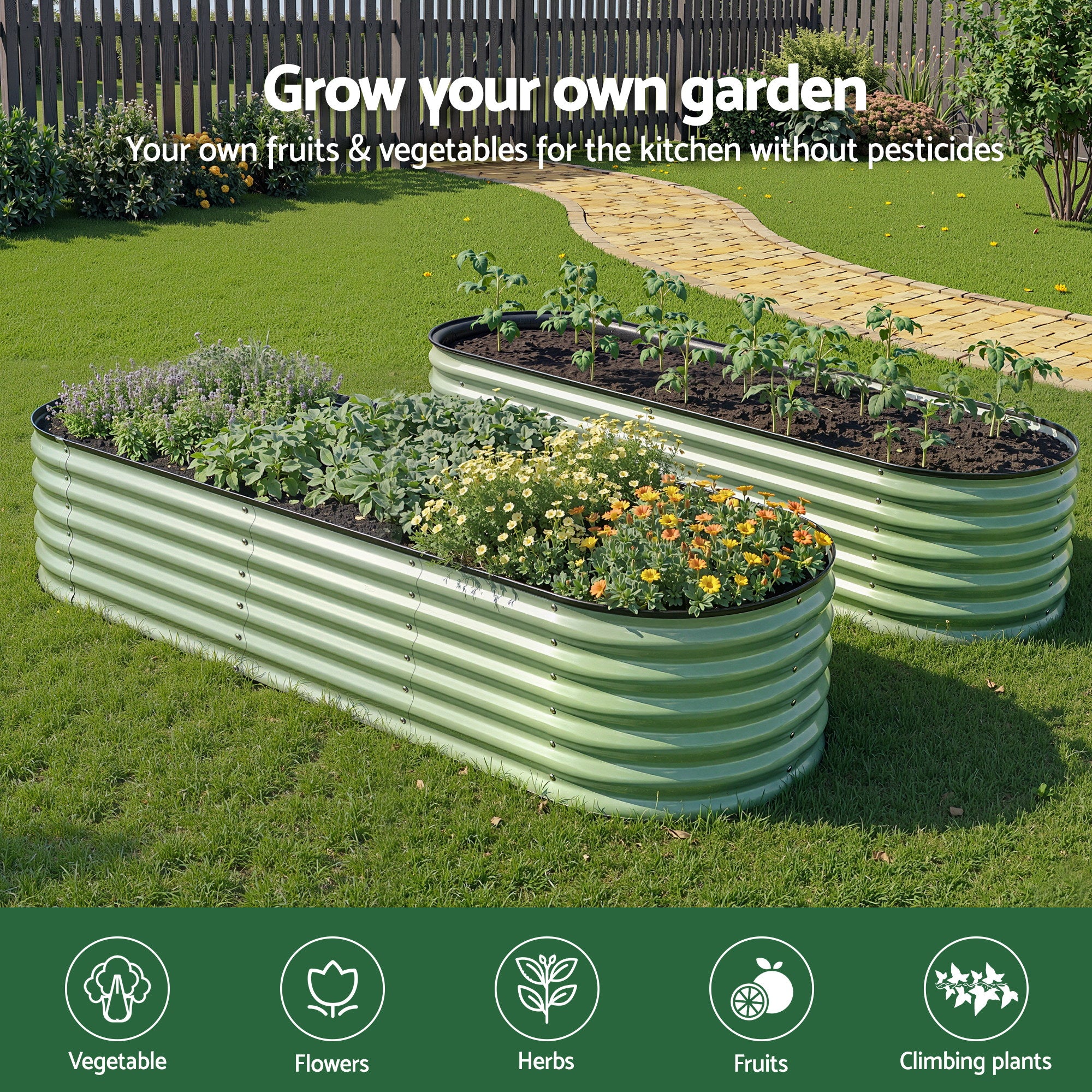Green Fingers Oval Raised Garden Bed Galvanised Planter Box Rust Resistant 240x60x45cm Green GB-OVAL-2406045-GE