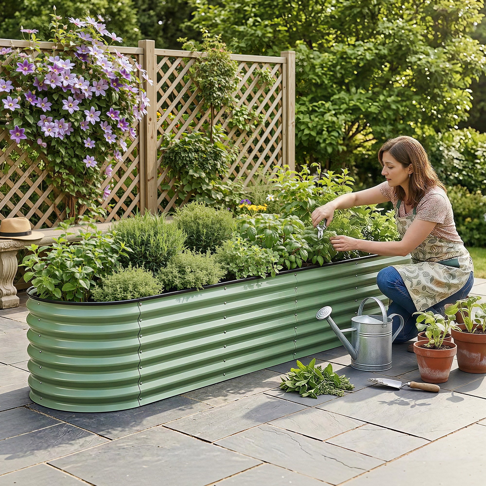 Green Fingers Oval Raised Garden Bed Galvanised Planter Box Rust Resistant 240x60x45cm Green GB-OVAL-2406045-GE