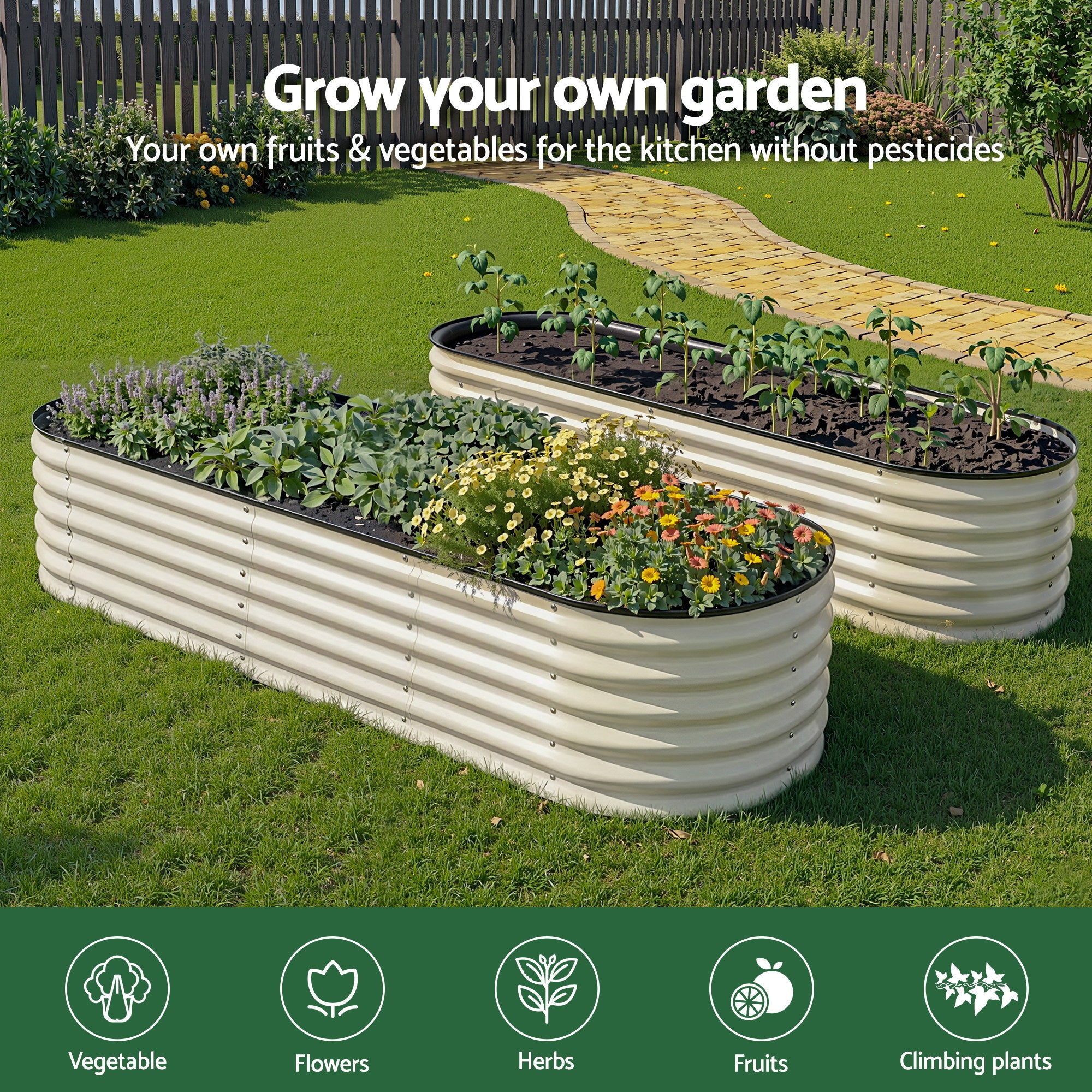 Green Fingers Oval Raised Garden Bed Galvanised Planter Box Rust Resistant 240x60x45cm White GB-OVAL-2406045-WH