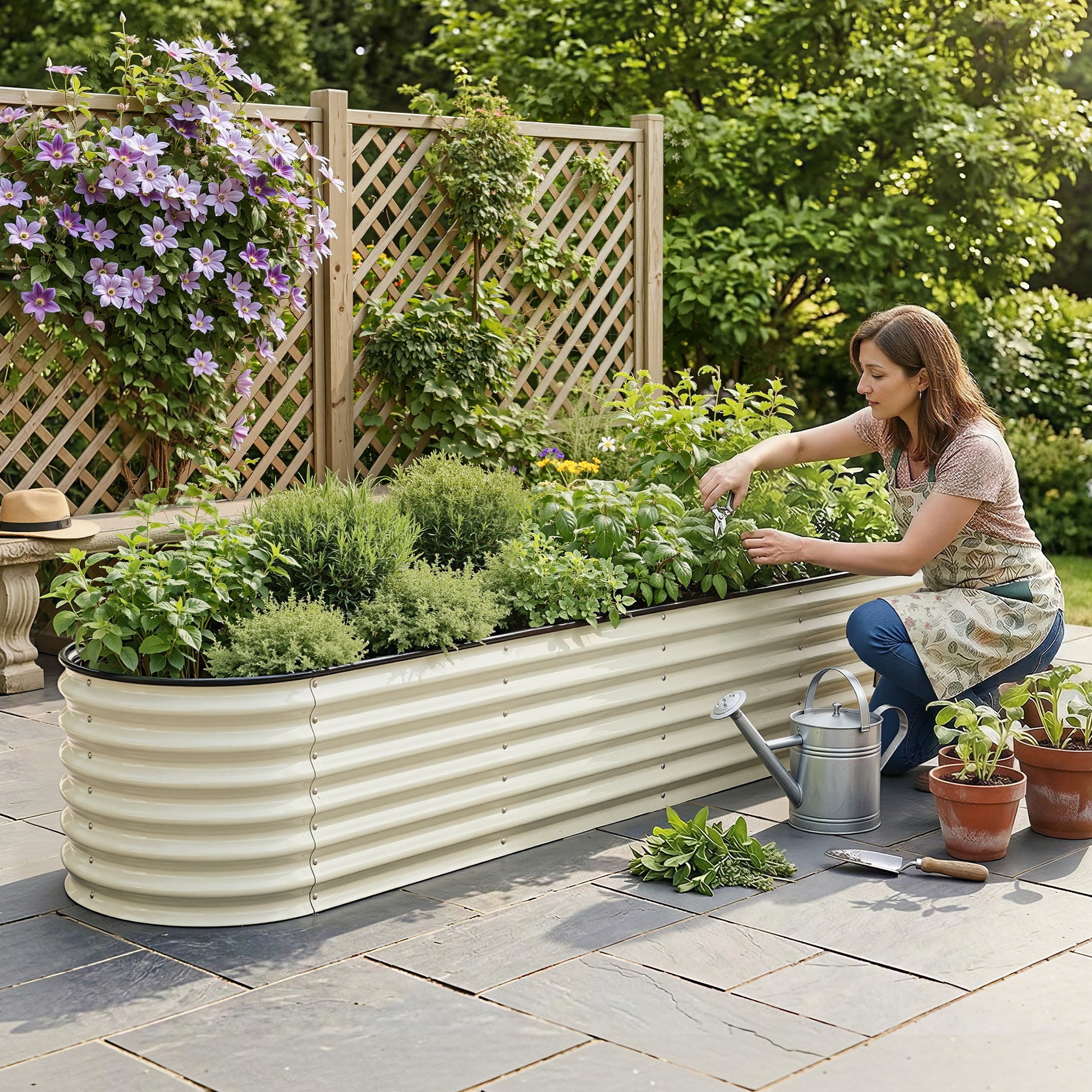Green Fingers Oval Raised Garden Bed Galvanised Planter Box Rust Resistant 240x60x45cm White GB-OVAL-2406045-WH