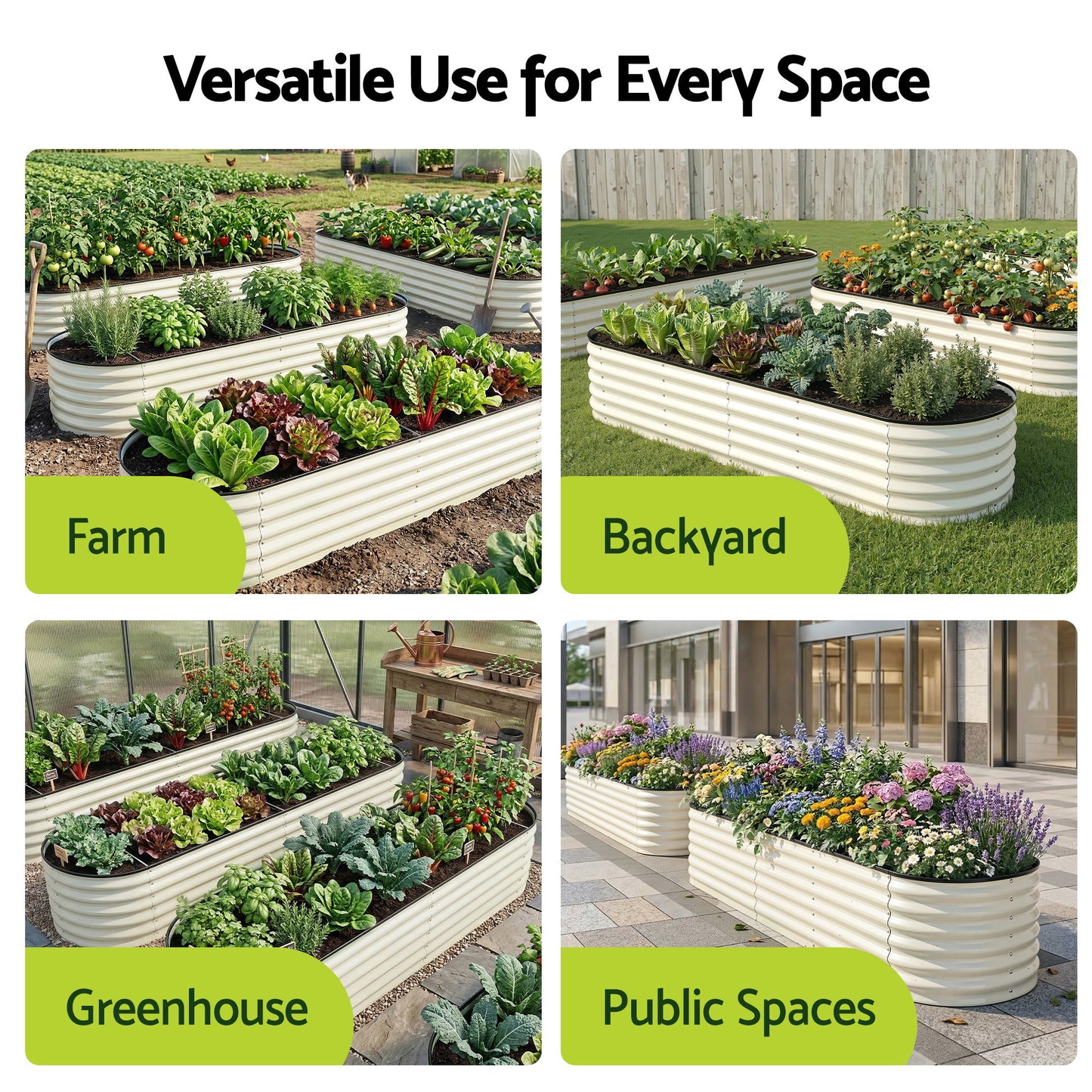 Green Fingers Oval Raised Garden Bed Galvanised Planter Box Rust Resistant 240x60x45cm White GB-OVAL-2406045-WH