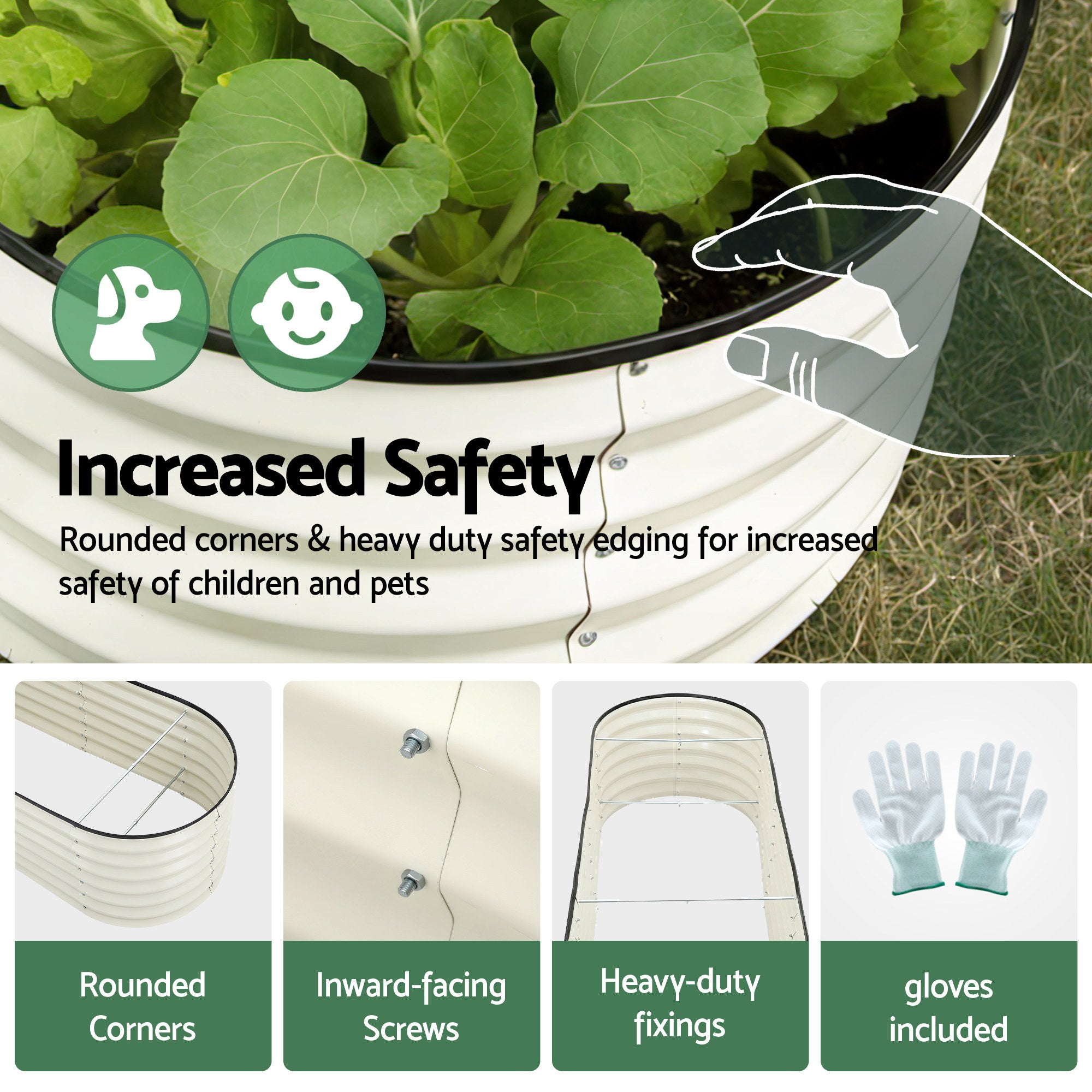 Green Fingers Oval Raised Garden Bed Galvanised Planter Box Rust Resistant 240x60x45cm White GB-OVAL-2406045-WH