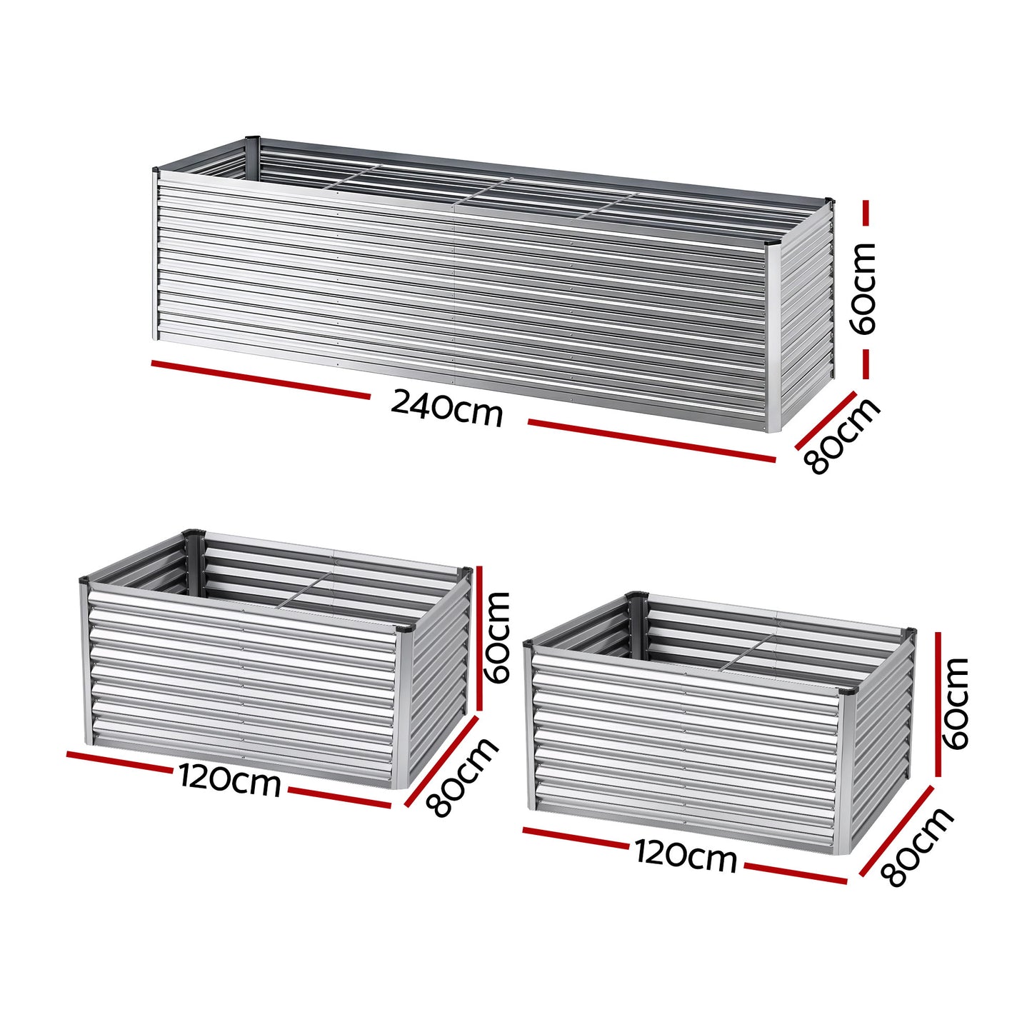 Green Fingers Raised Garden Bed 2 in 1 Modular Galvanised Planter Box Rust Resistant 240x80x60cm GB-REC-2408060-SL