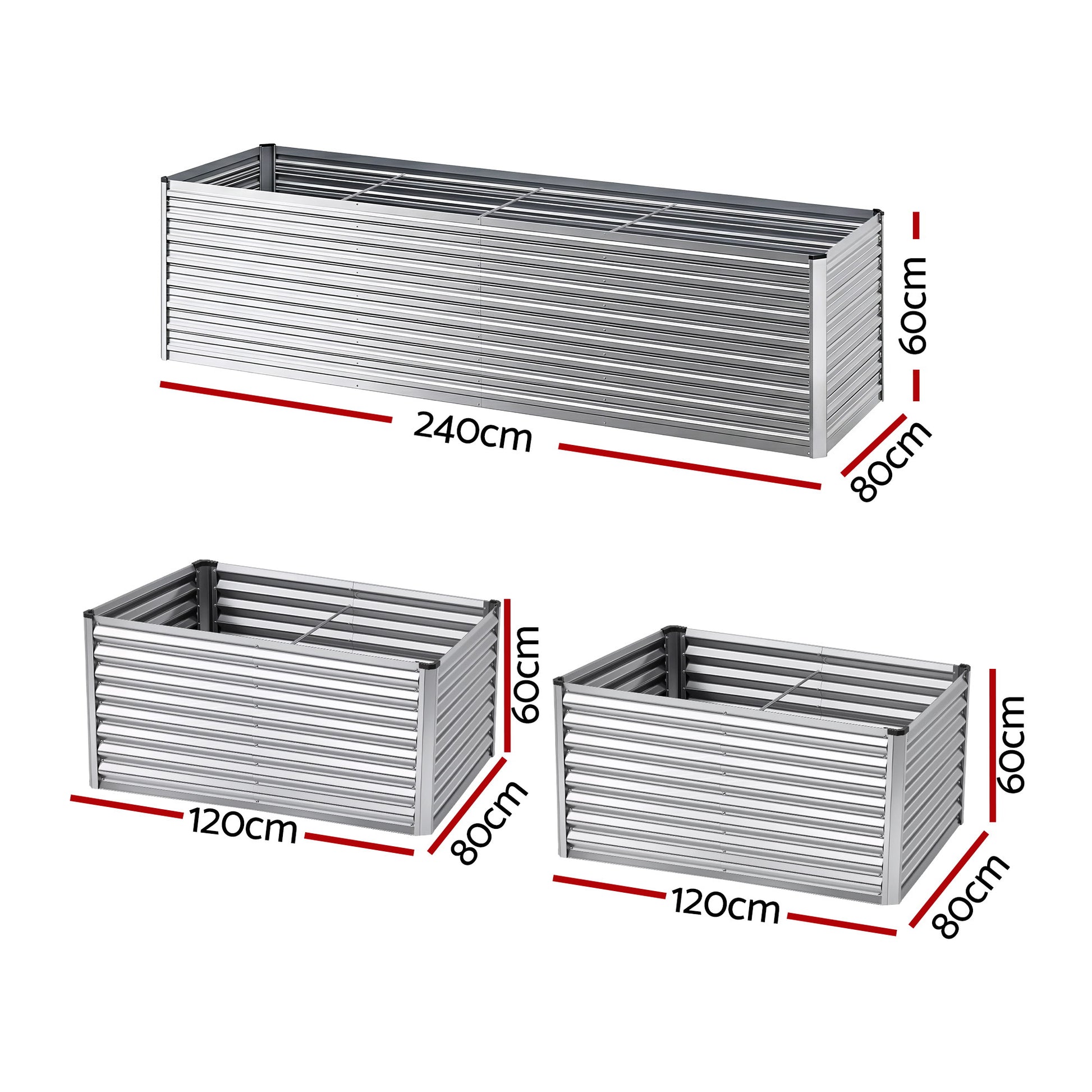 Green Fingers Raised Garden Bed 2 in 1 Modular Galvanised Planter Box Rust Resistant 240x80x60cm GB-REC-2408060-SL