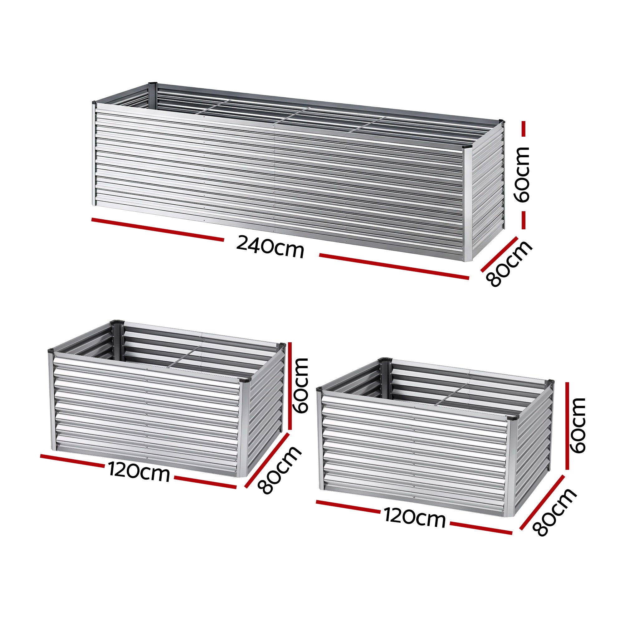 Green Fingers Raised Garden Bed 2 in 1 Modular Galvanised Planter Box Rust Resistant 240x80x60cm GB-REC-2408060-SL