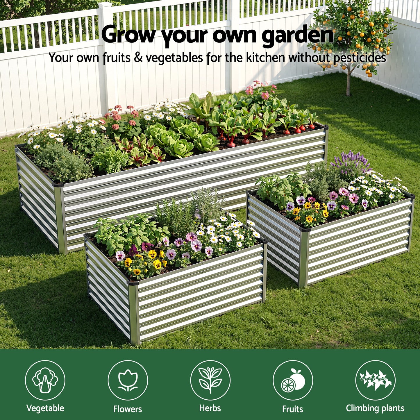 Green Fingers Raised Garden Bed 2 in 1 Modular Galvanised Planter Box Rust Resistant 240x80x60cm GB-REC-2408060-SL
