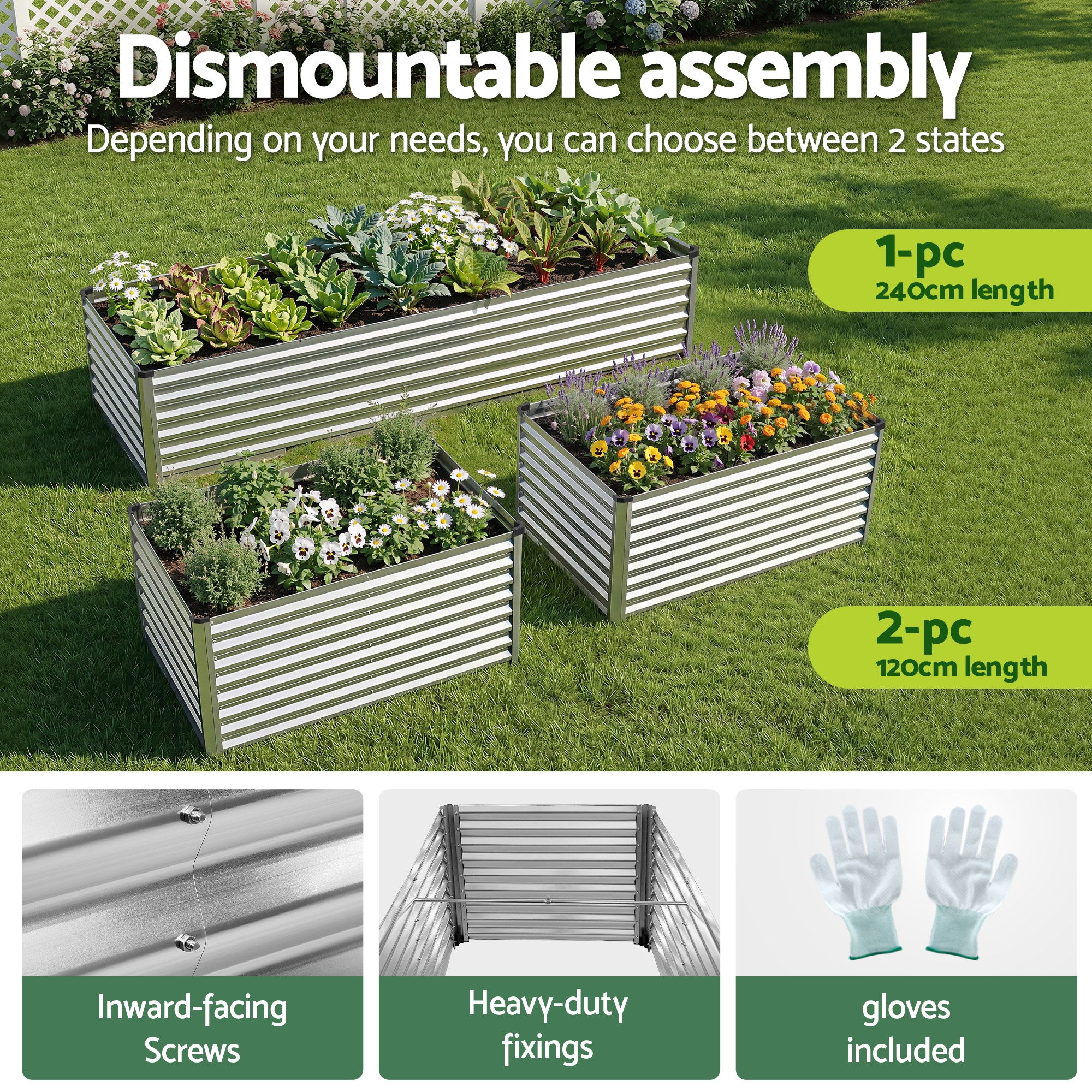 Green Fingers Raised Garden Bed 2 in 1 Modular Galvanised Planter Box Rust Resistant 240x80x60cm GB-REC-2408060-SL