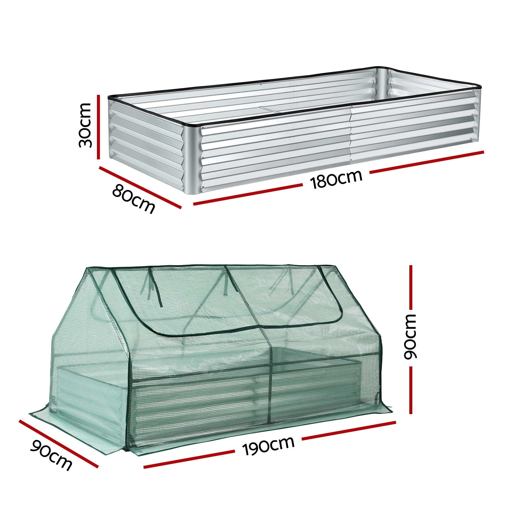 Green Fingers Raised Garden Bed with Greenhouse 3 in 1 Galvanised Planter Box Kit GB-REC-COVER-180-GR