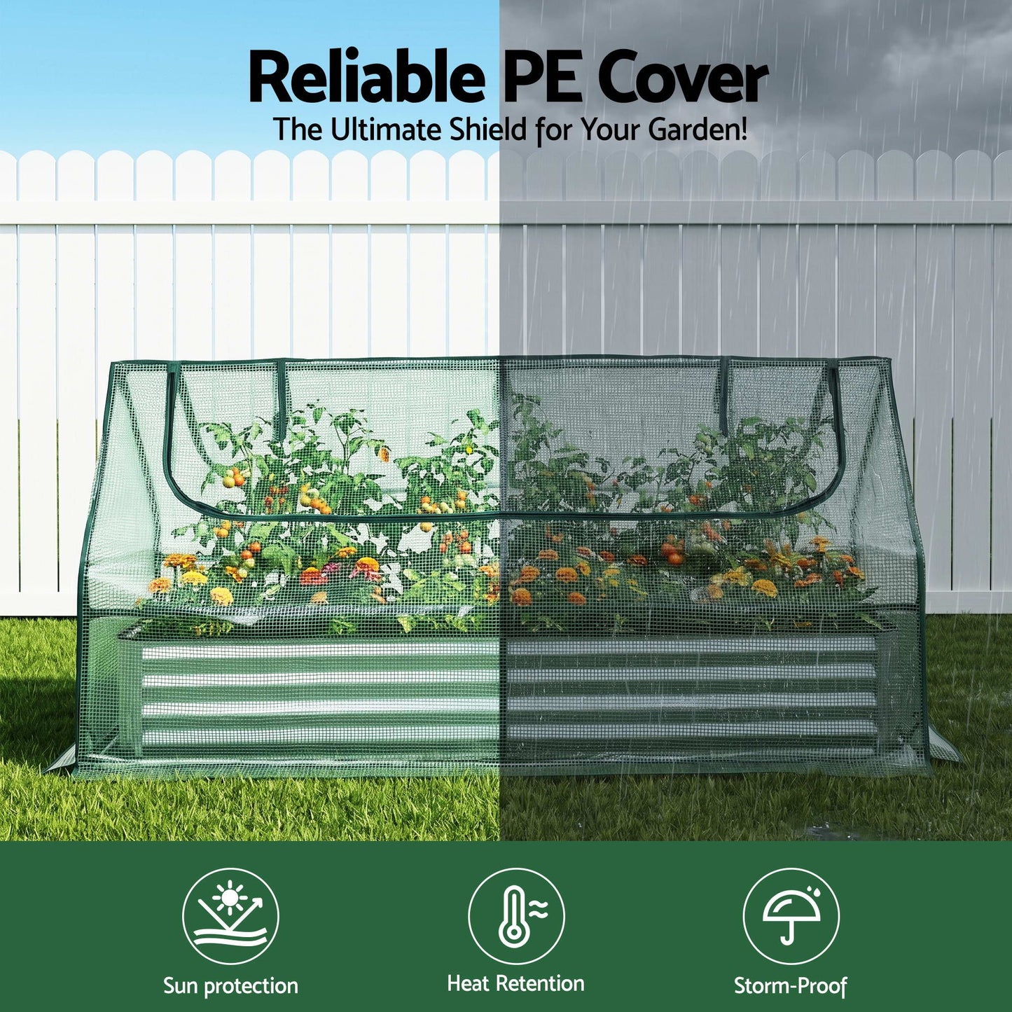 Green Fingers Raised Garden Bed with Greenhouse 3 in 1 Galvanised Planter Box Kit GB-REC-COVER-180-GR