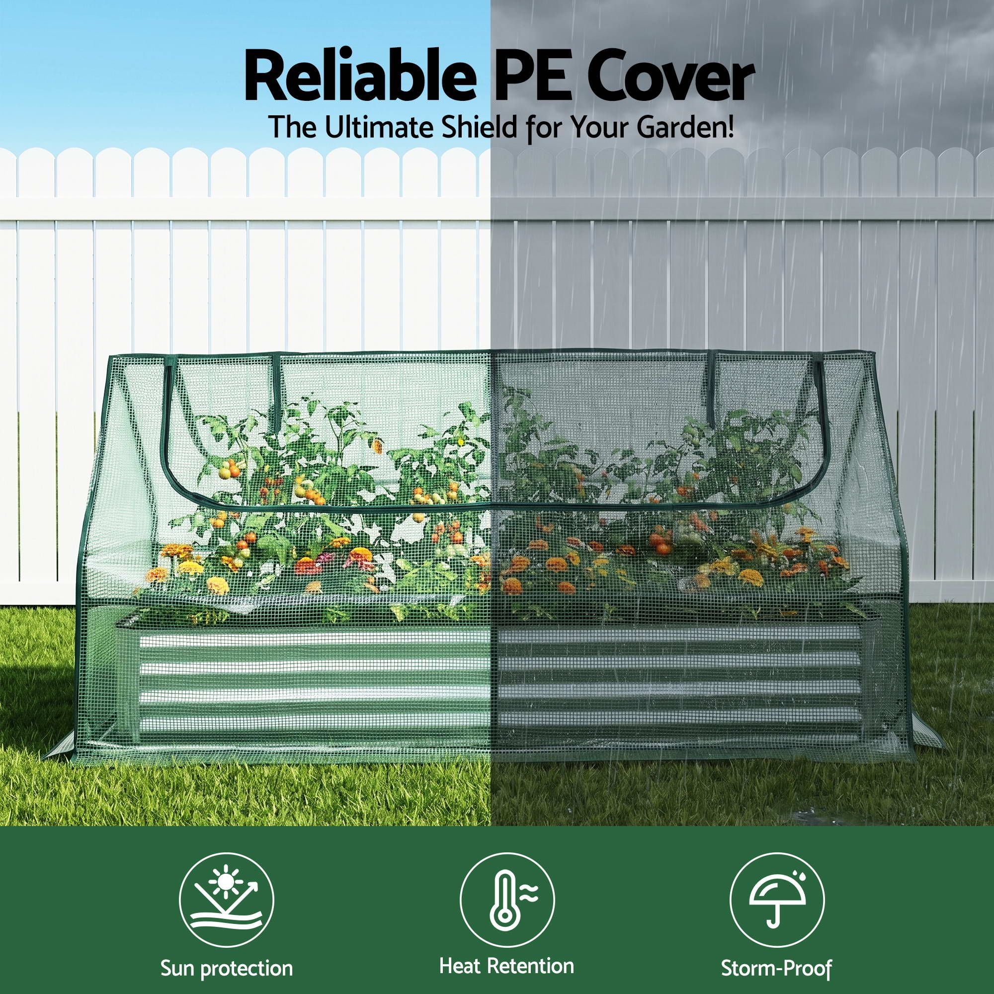 Green Fingers Raised Garden Bed with Greenhouse 3 in 1 Galvanised Planter Box Kit GB-REC-COVER-180-GR