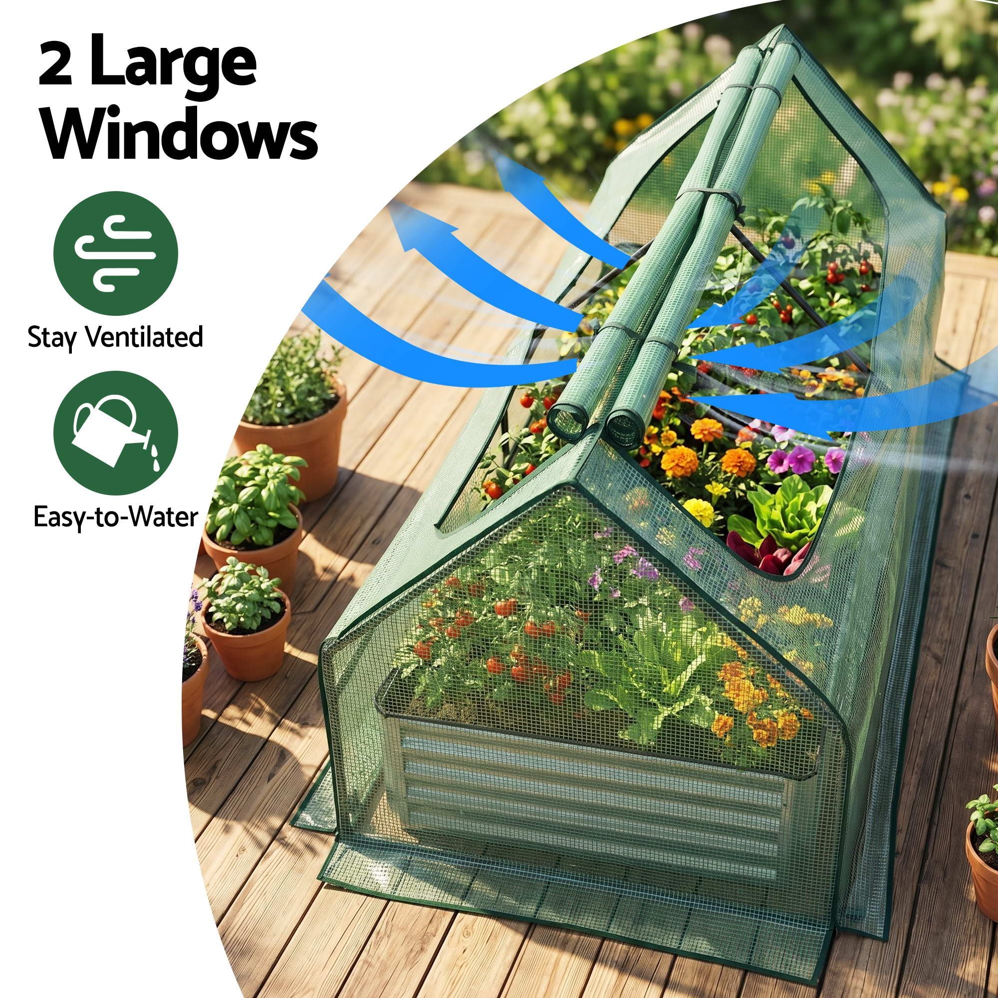 Green Fingers Raised Garden Bed with Greenhouse 3 in 1 Galvanised Planter Box Kit GB-REC-COVER-180-GR