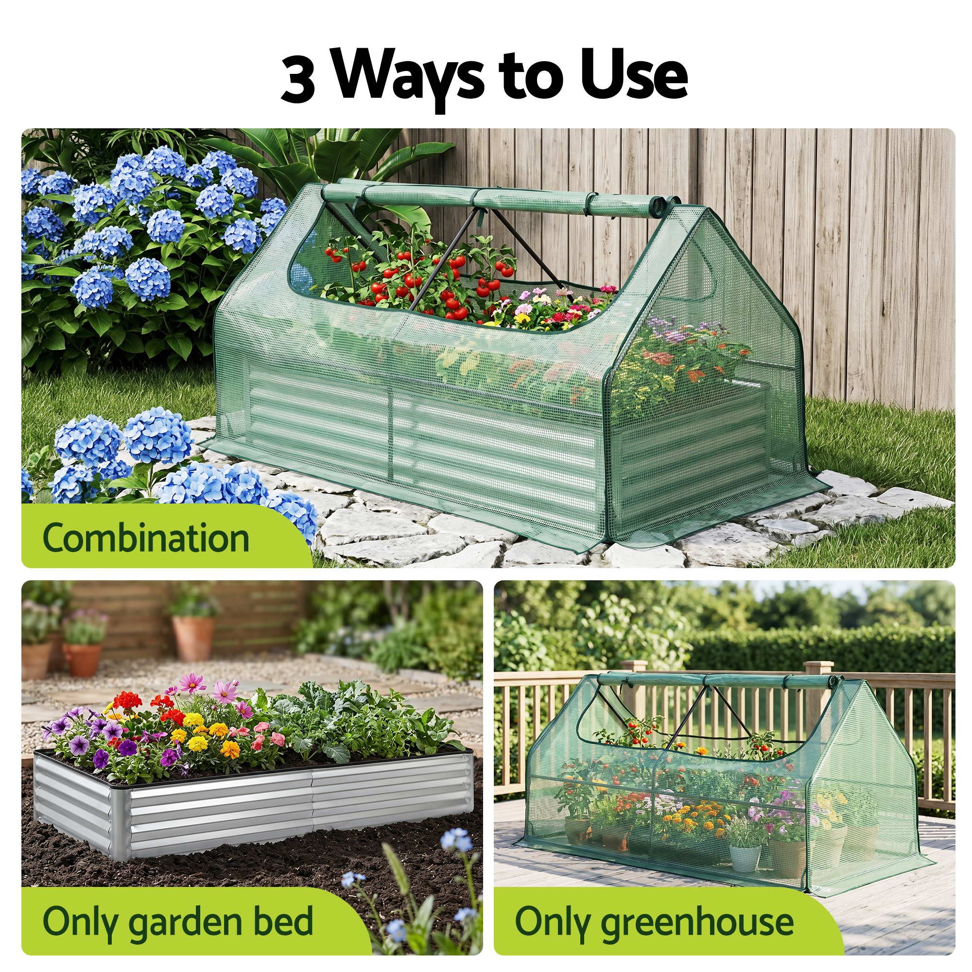 Green Fingers Raised Garden Bed with Greenhouse 3 in 1 Galvanised Planter Box Kit GB-REC-COVER-180-GR