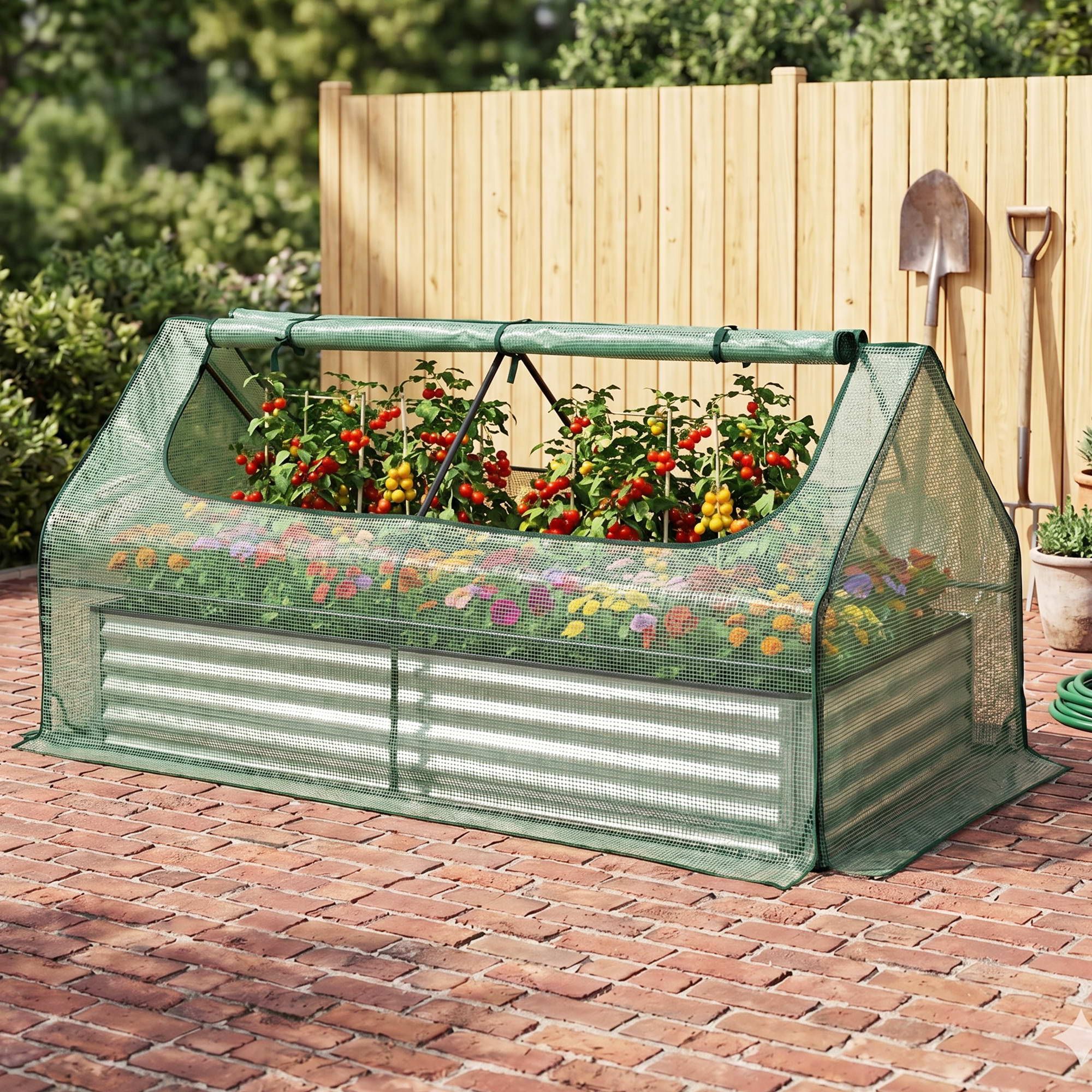 Green Fingers Raised Garden Bed with Greenhouse 3 in 1 Galvanised Planter Box Kit GB-REC-COVER-180-GR