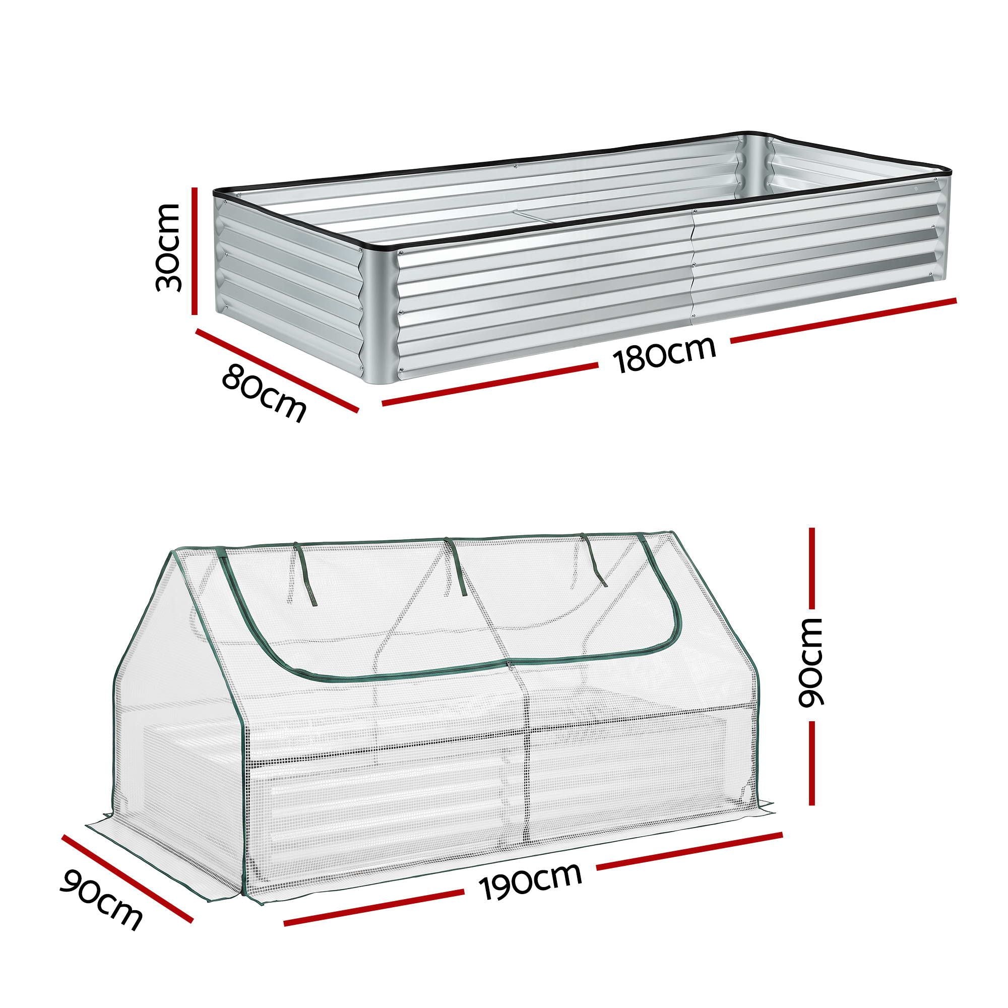 Green Fingers 3 in 1 Raised Garden Bed with Greenhouse Galvanised Planter Box Kit GB-REC-COVER-180-WH