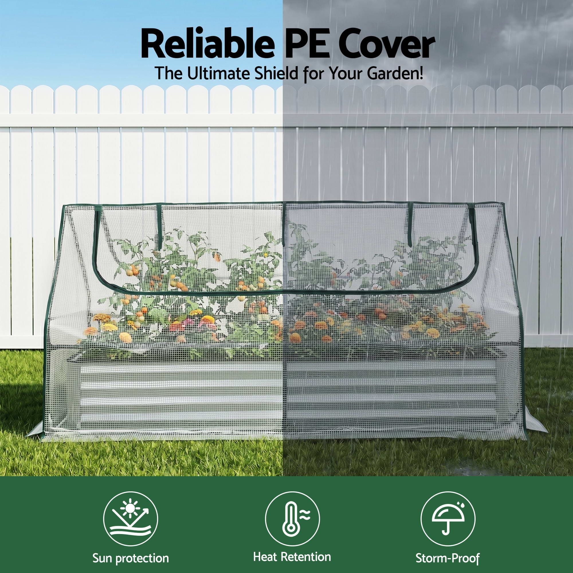 Green Fingers 3 in 1 Raised Garden Bed with Greenhouse Galvanised Planter Box Kit GB-REC-COVER-180-WH