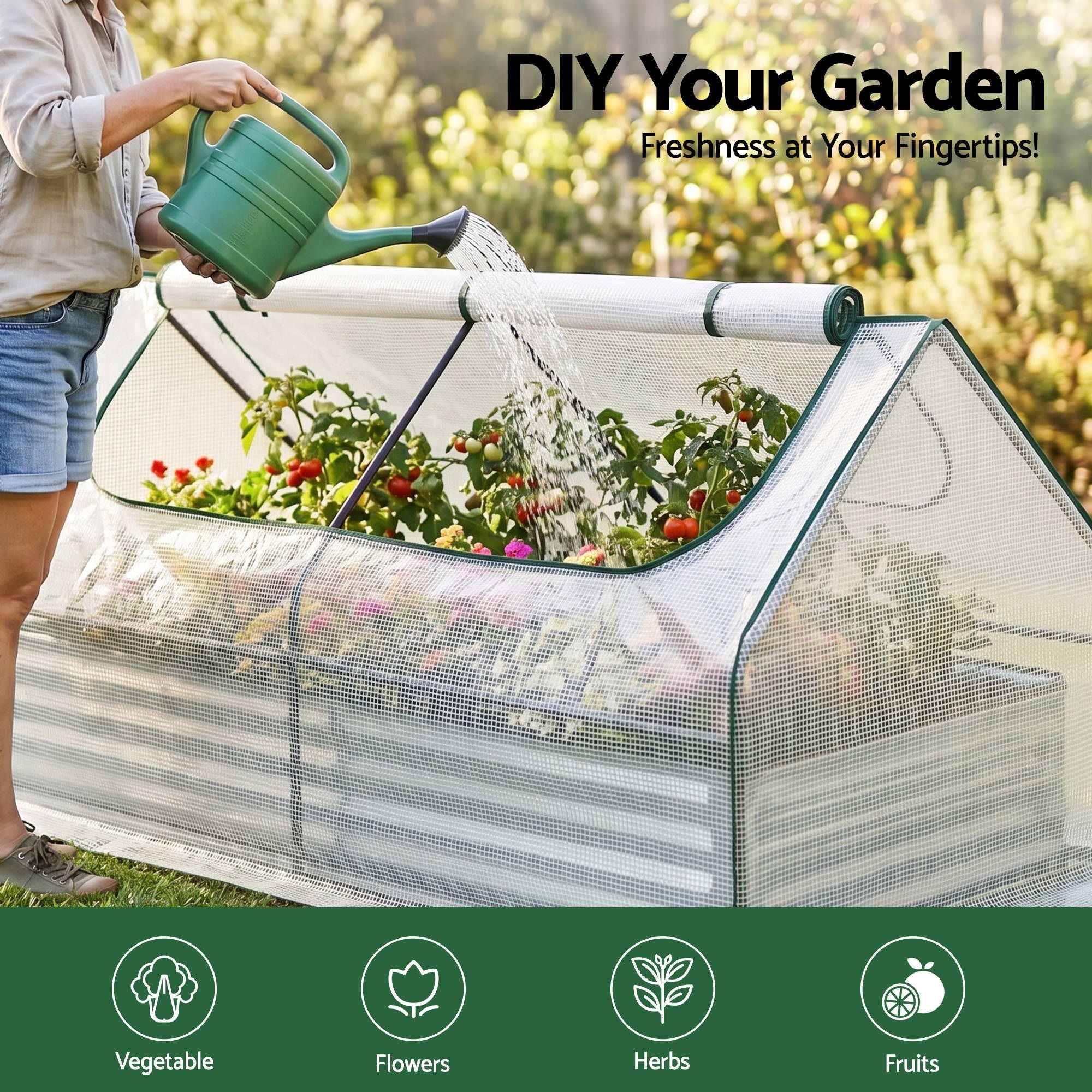 Green Fingers 3 in 1 Raised Garden Bed with Greenhouse Galvanised Planter Box Kit GB-REC-COVER-180-WH