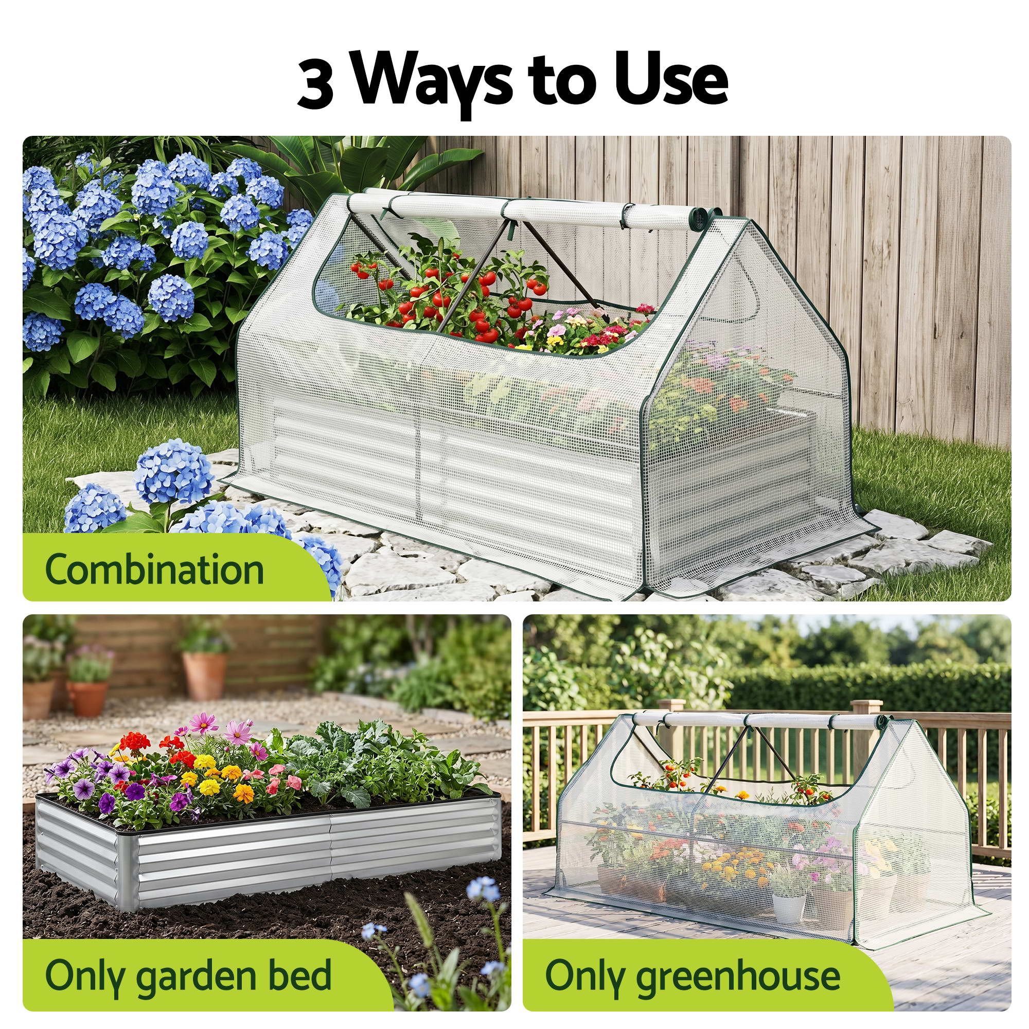 Green Fingers 3 in 1 Raised Garden Bed with Greenhouse Galvanised Planter Box Kit GB-REC-COVER-180-WH