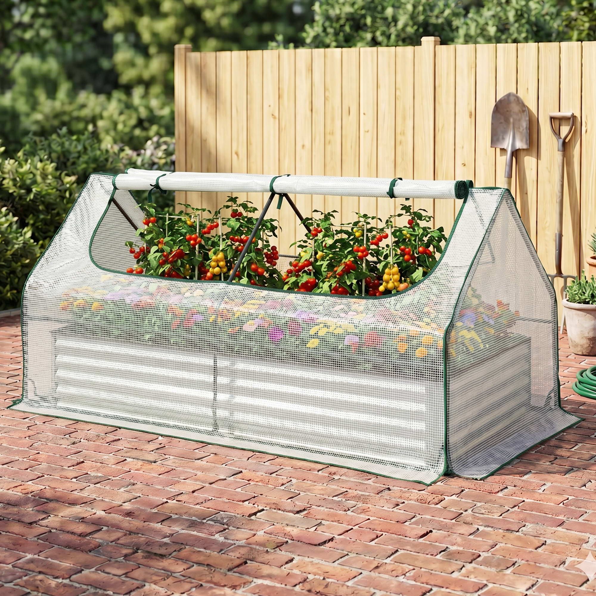 Green Fingers 3 in 1 Raised Garden Bed with Greenhouse Galvanised Planter Box Kit GB-REC-COVER-180-WH