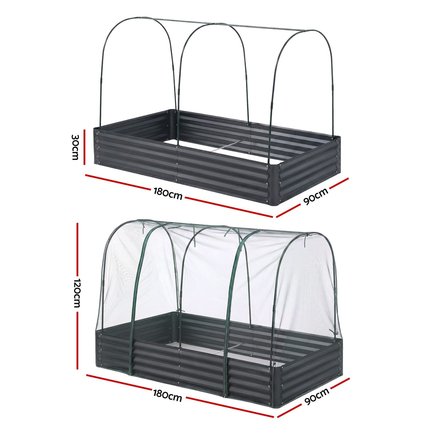 Green Fingers Raised Garden Bed with Mesh Netting Galvanised Planter Box Bird Proof 180x90x120cm GB-REC-GH-180-BK