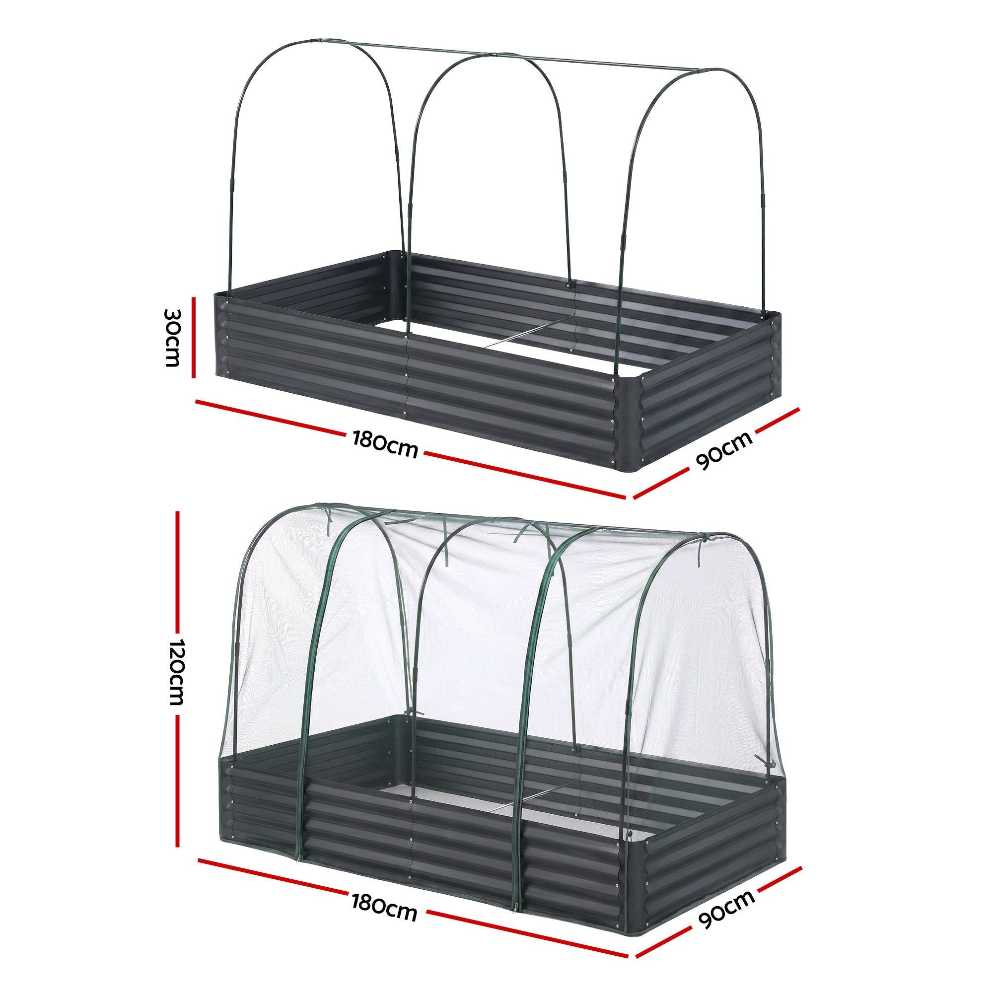 Green Fingers Raised Garden Bed with Mesh Netting Galvanised Planter Box Bird Proof 180x90x120cm GB-REC-GH-180-BK