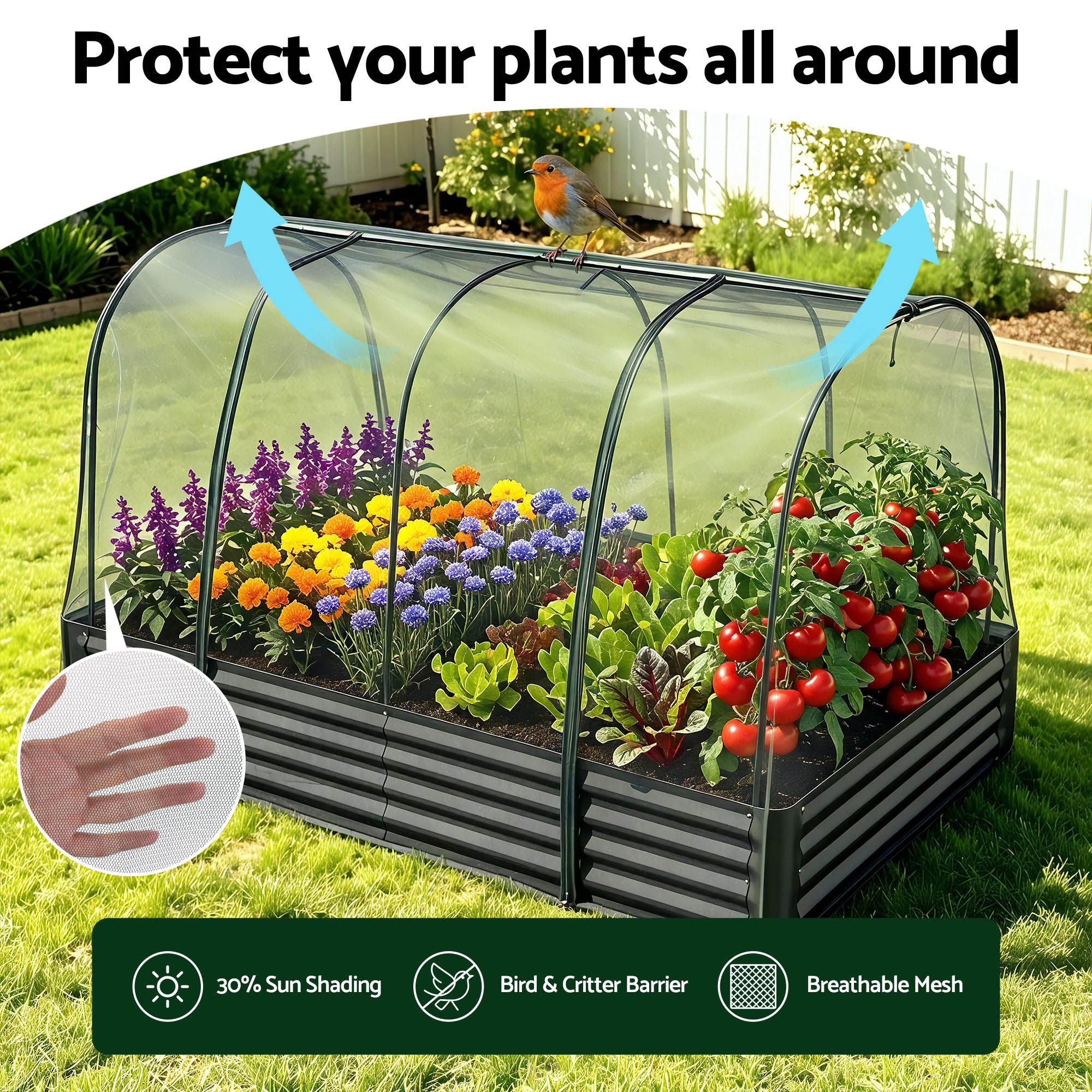 Green Fingers Raised Garden Bed with Mesh Netting Galvanised Planter Box Bird Proof 180x90x120cm GB-REC-GH-180-BK