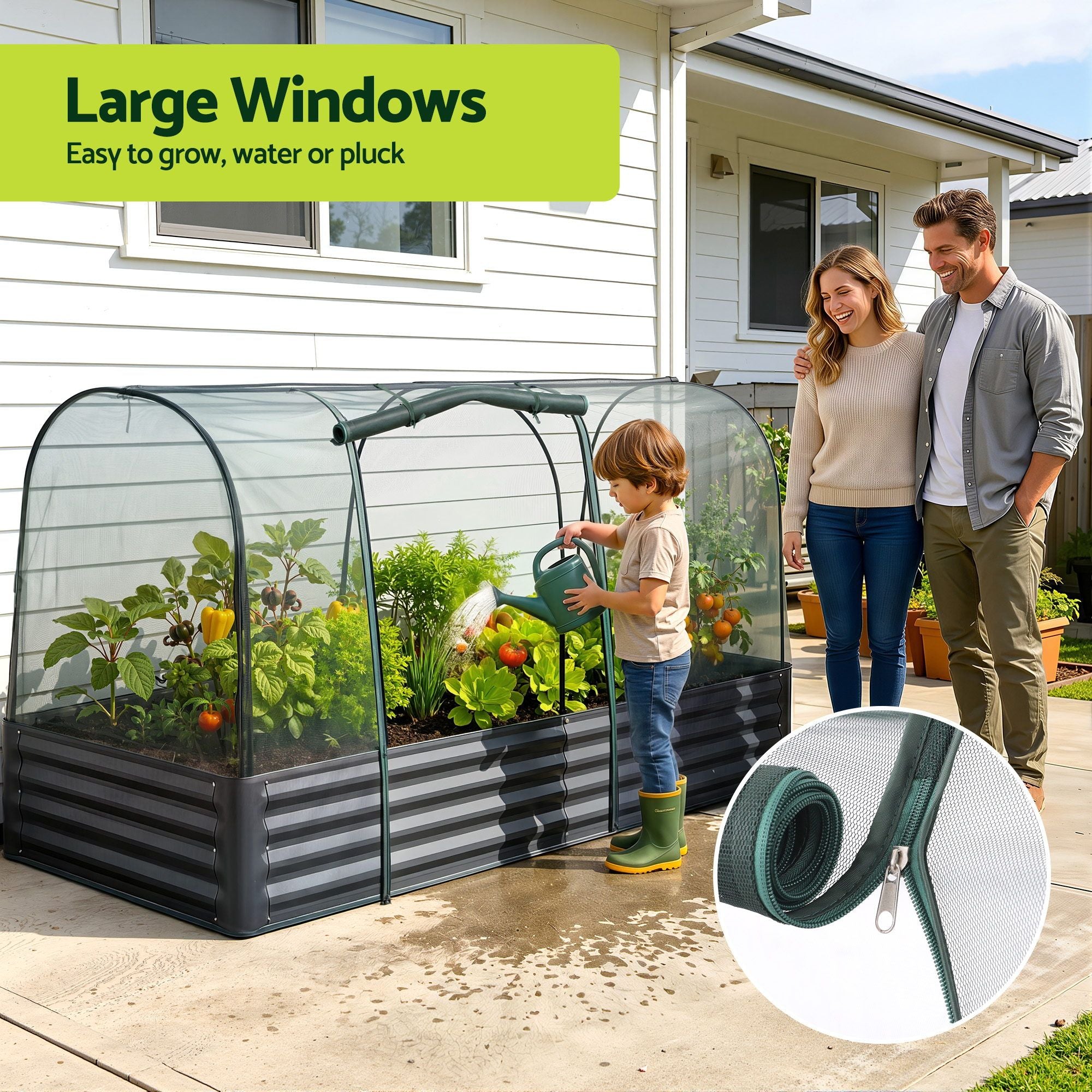 Green Fingers Raised Garden Bed with Mesh Netting Galvanised Planter Box Bird Proof 180x90x120cm GB-REC-GH-180-BK