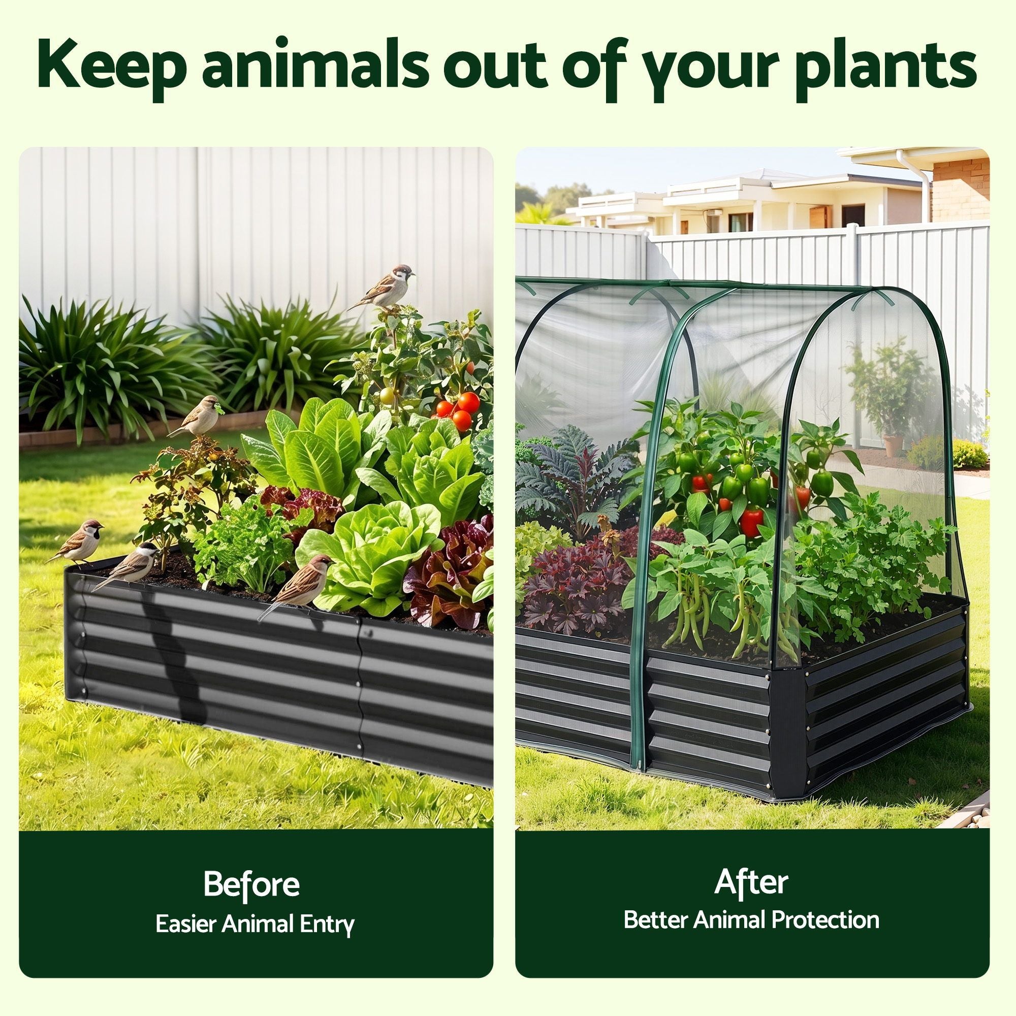 Green Fingers Raised Garden Bed with Mesh Netting Galvanised Planter Box Bird Proof 180x90x120cm GB-REC-GH-180-BK