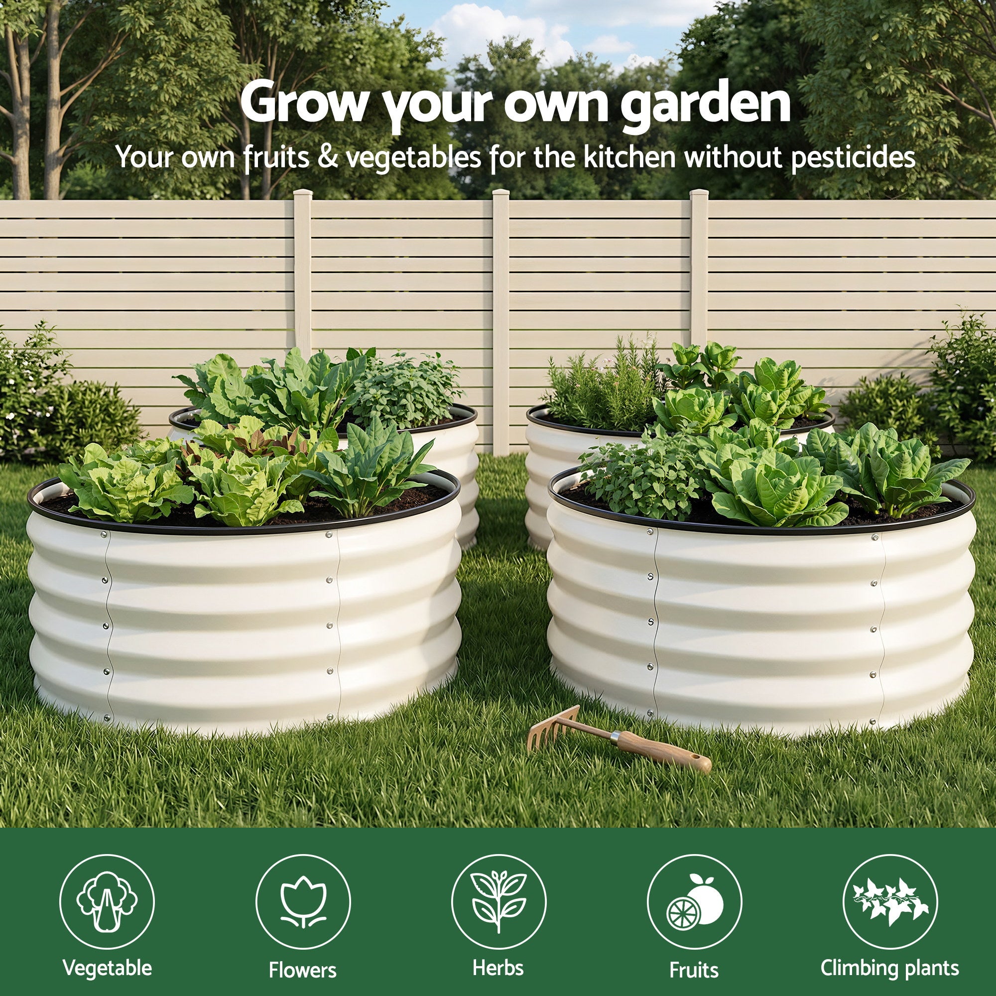 Green Fingers Round Raised Garden Bed 2 Pack Galvanised Planter Box Rust Resistant 60x60x30cm White GB-ROU-6030-WHX2