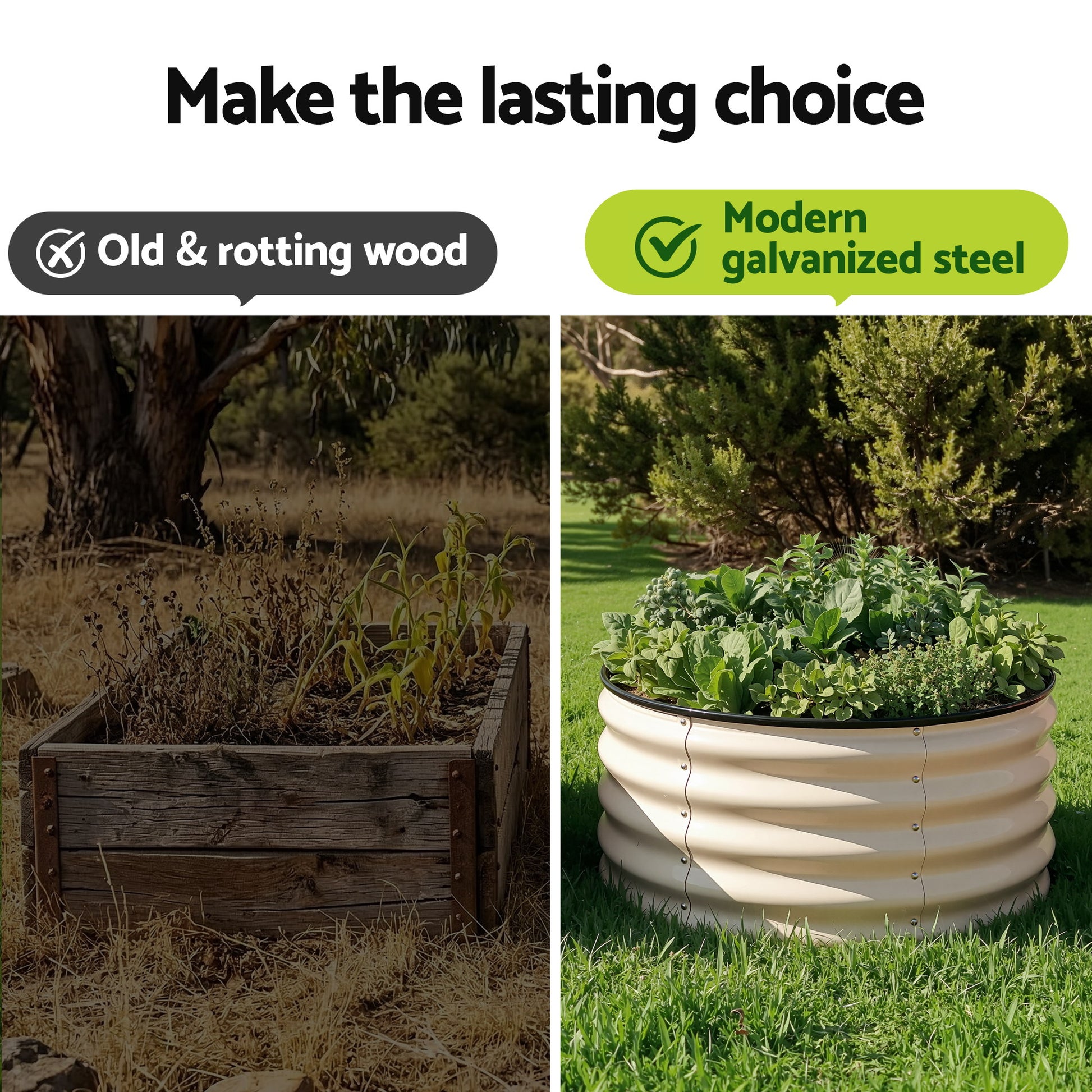 Green Fingers Round Raised Garden Bed 2 Pack Galvanised Planter Box Rust Resistant 60x60x30cm White GB-ROU-6030-WHX2