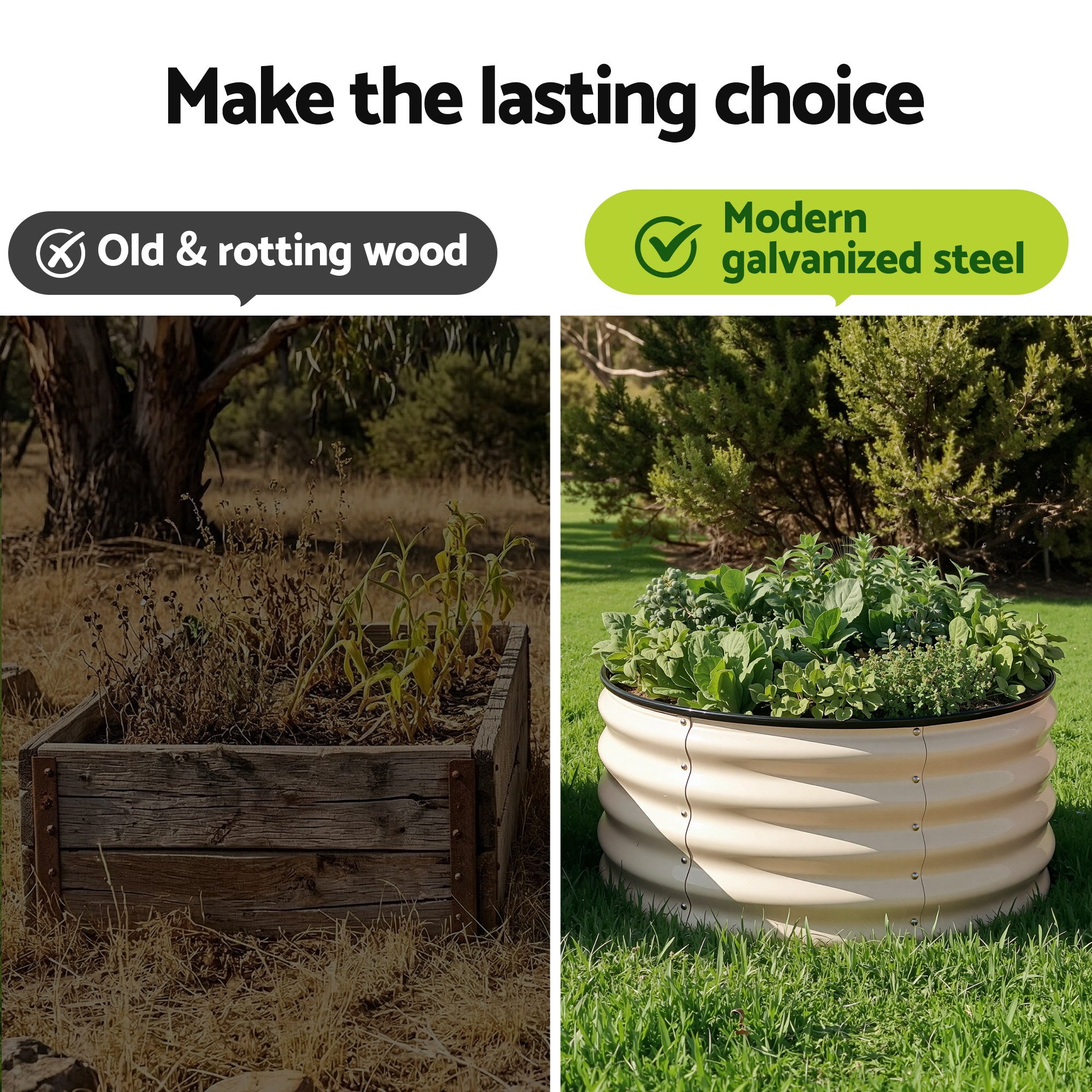 Green Fingers Round Raised Garden Bed 2 Pack Galvanised Planter Box Rust Resistant 60x60x30cm White GB-ROU-6030-WHX2