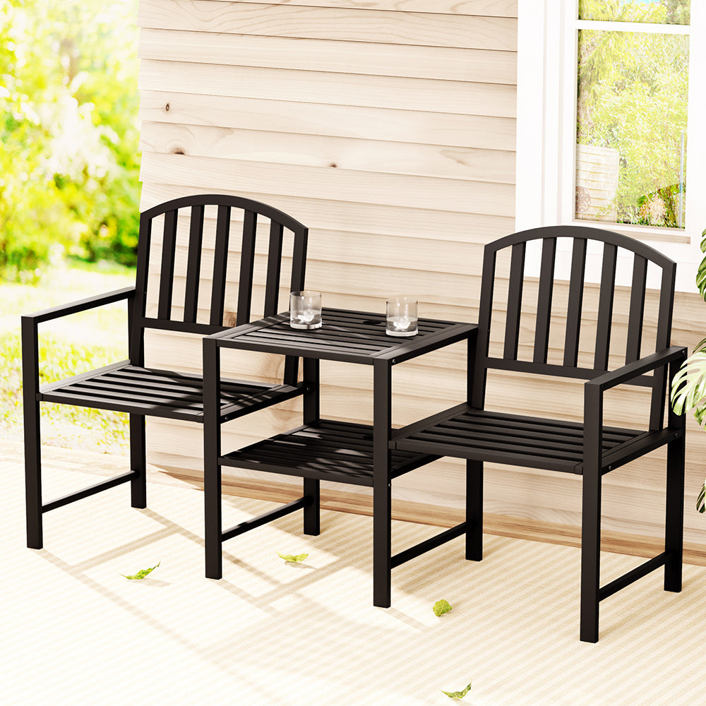 Gardeon Outdoor Garden Bench Seat Loveseat Steel Table Chairs Patio Furniture Black GB-STEEL-LOVESEAT-BK