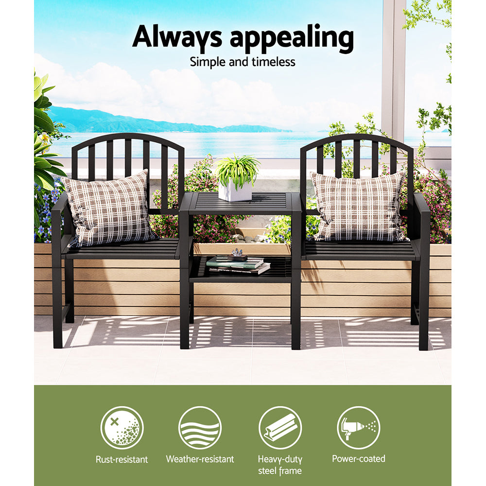 Gardeon Outdoor Garden Bench Seat Loveseat Steel Table Chairs Patio Furniture Black GB-STEEL-LOVESEAT-BK