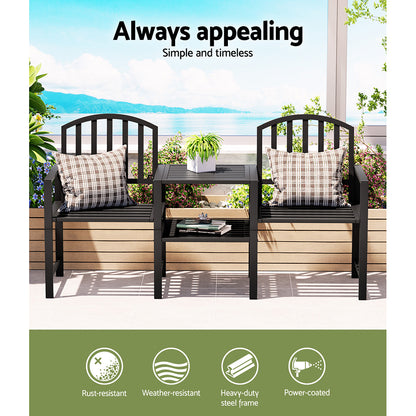 Gardeon Outdoor Garden Bench Seat Loveseat Steel Table Chairs Patio Furniture Black GB-STEEL-LOVESEAT-BK