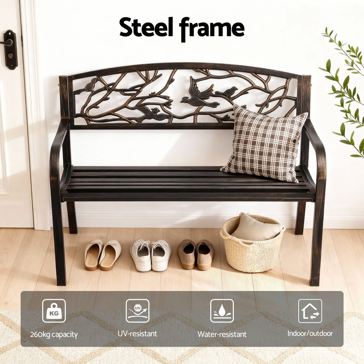 Gardeon Outdoor Bench Seat Garden Steel Outdoor Furniture 3 Seater Park Bronze GB-STEEL-XG220-BZ