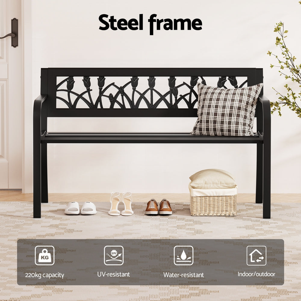 Gardeon Outdoor Garden Bench Seat Outdoor Furniture Steel 2 Seater Park Black GB-STEEL-XG282-BK