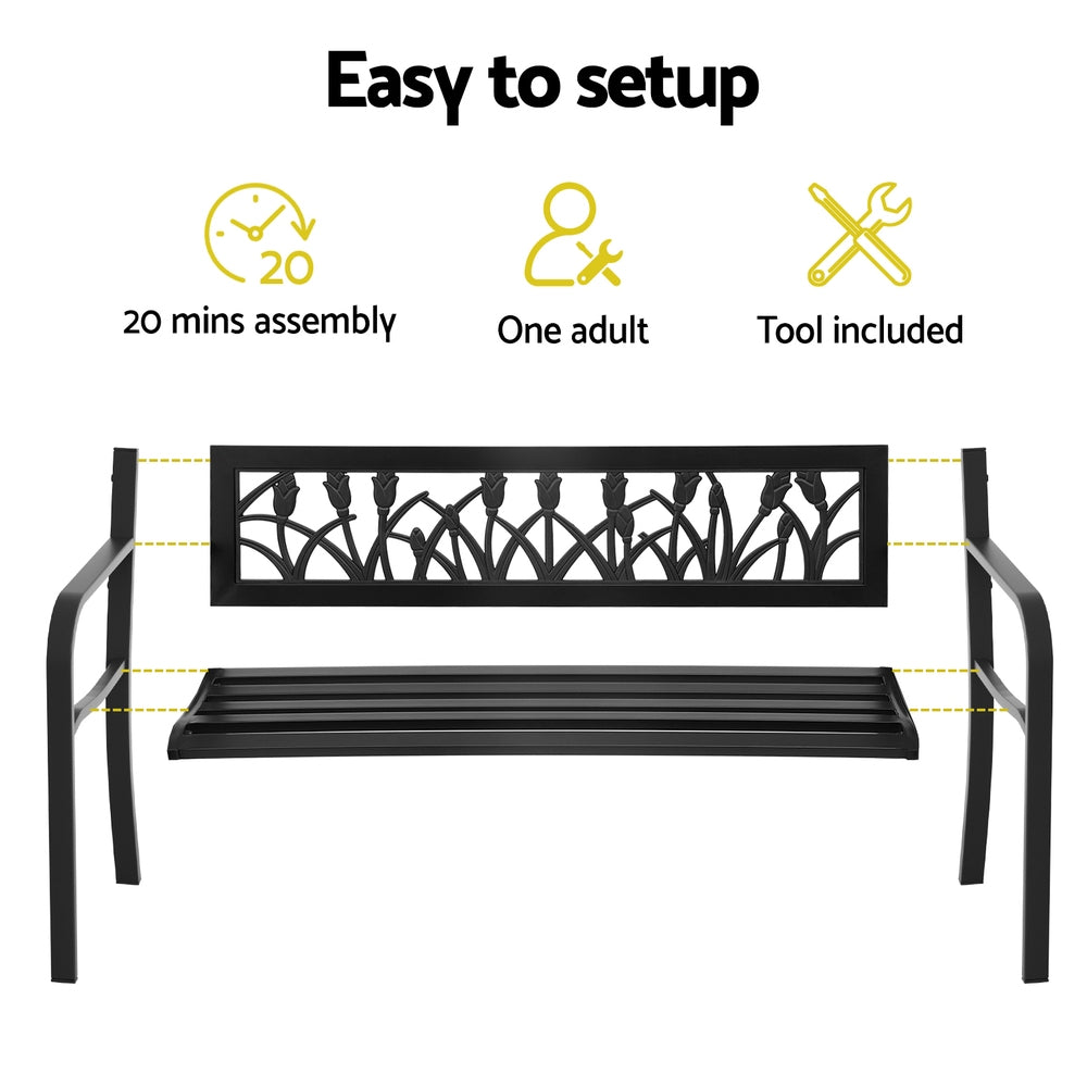 Gardeon Outdoor Garden Bench Seat Outdoor Furniture Steel 2 Seater Park Black GB-STEEL-XG282-BK