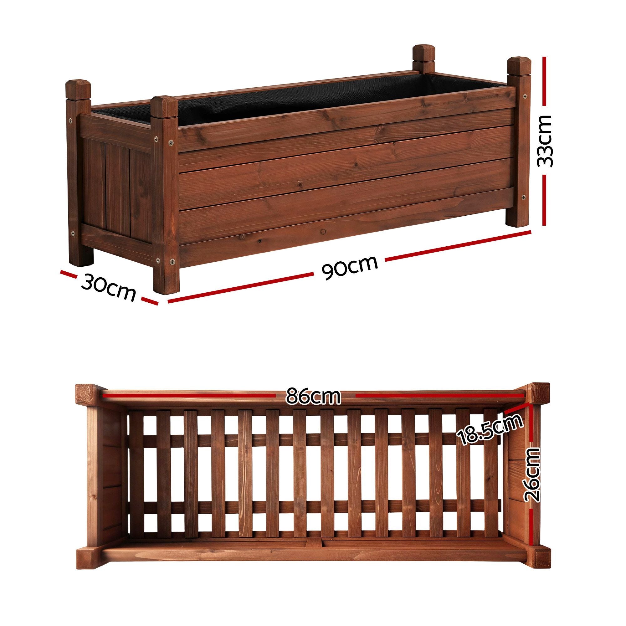 Green Fingers Garden Bed Wooden Planter Box Raised Container Growing 90x30x33cm Brown GB-WOOD-BOX-90-DB