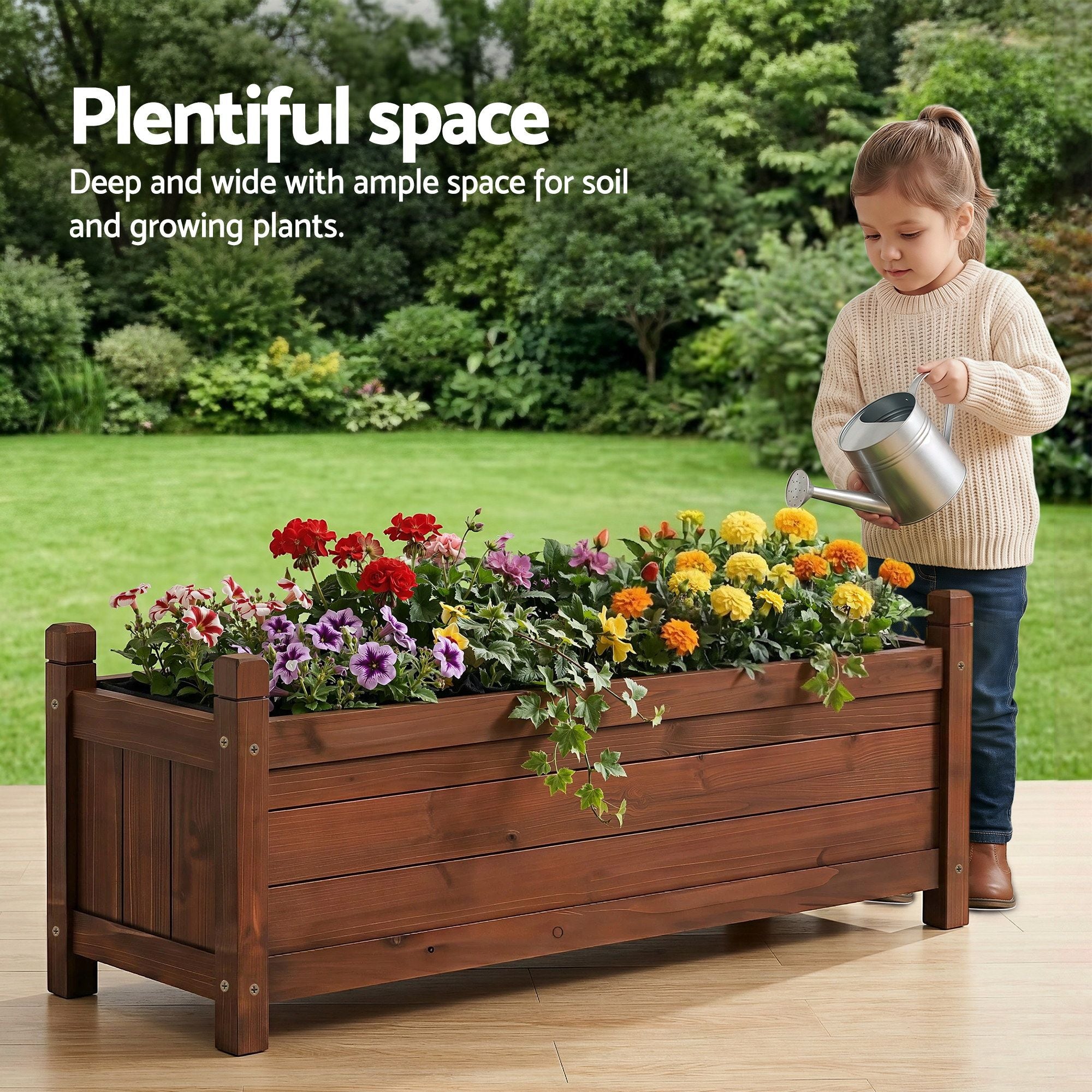 Green Fingers Garden Bed Wooden Planter Box Raised Container Growing 90x30x33cm Brown GB-WOOD-BOX-90-DB