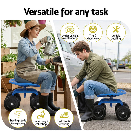 Gardeon Garden Seat 360 Swivel Rolling Adjustable Height Work Scooter Cart Wheels Heavy Duty 150kg GCT-ADJUST-360-BL