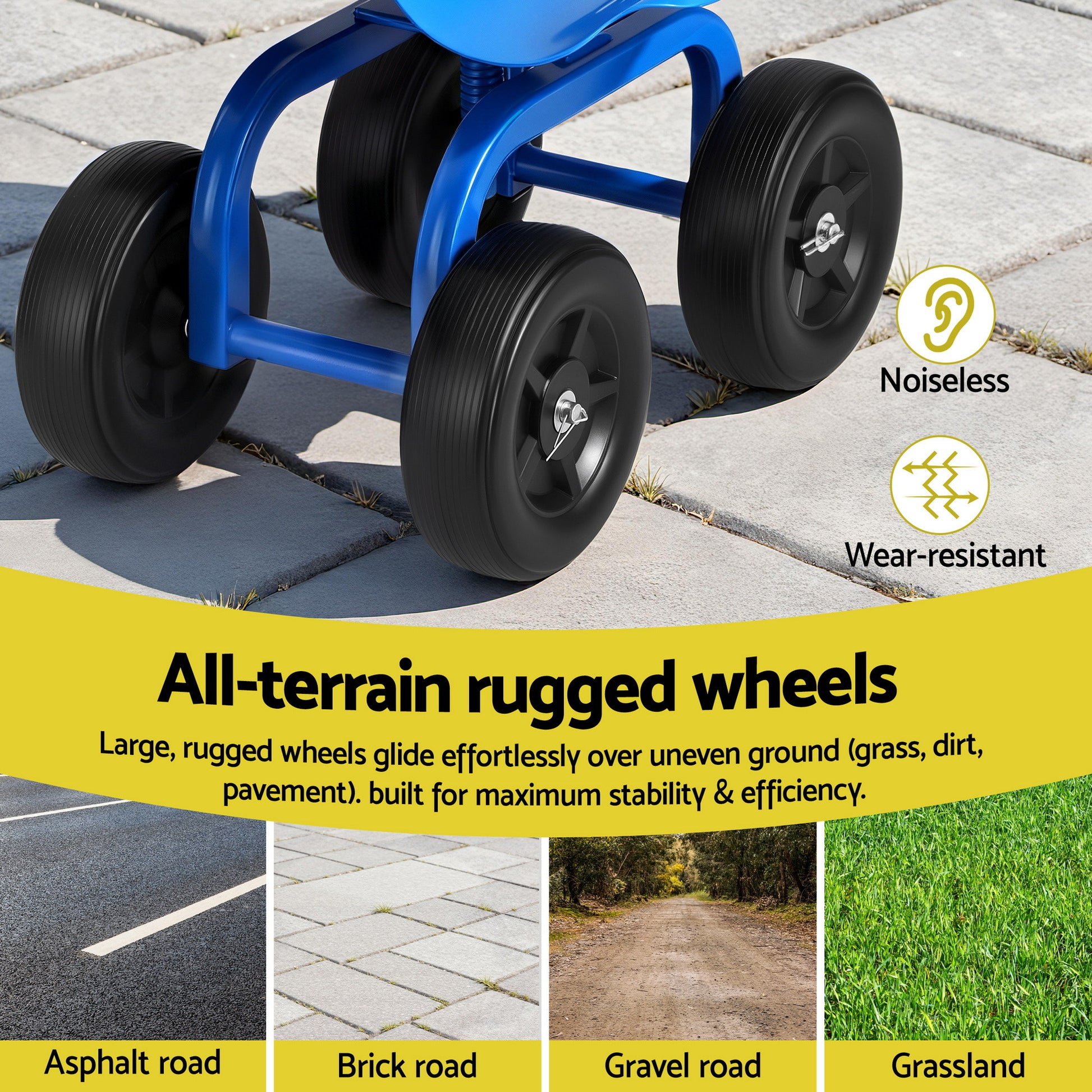 Gardeon Garden Seat 360 Swivel Rolling Adjustable Height Work Scooter Cart Wheels Heavy Duty 150kg GCT-ADJUST-360-BL