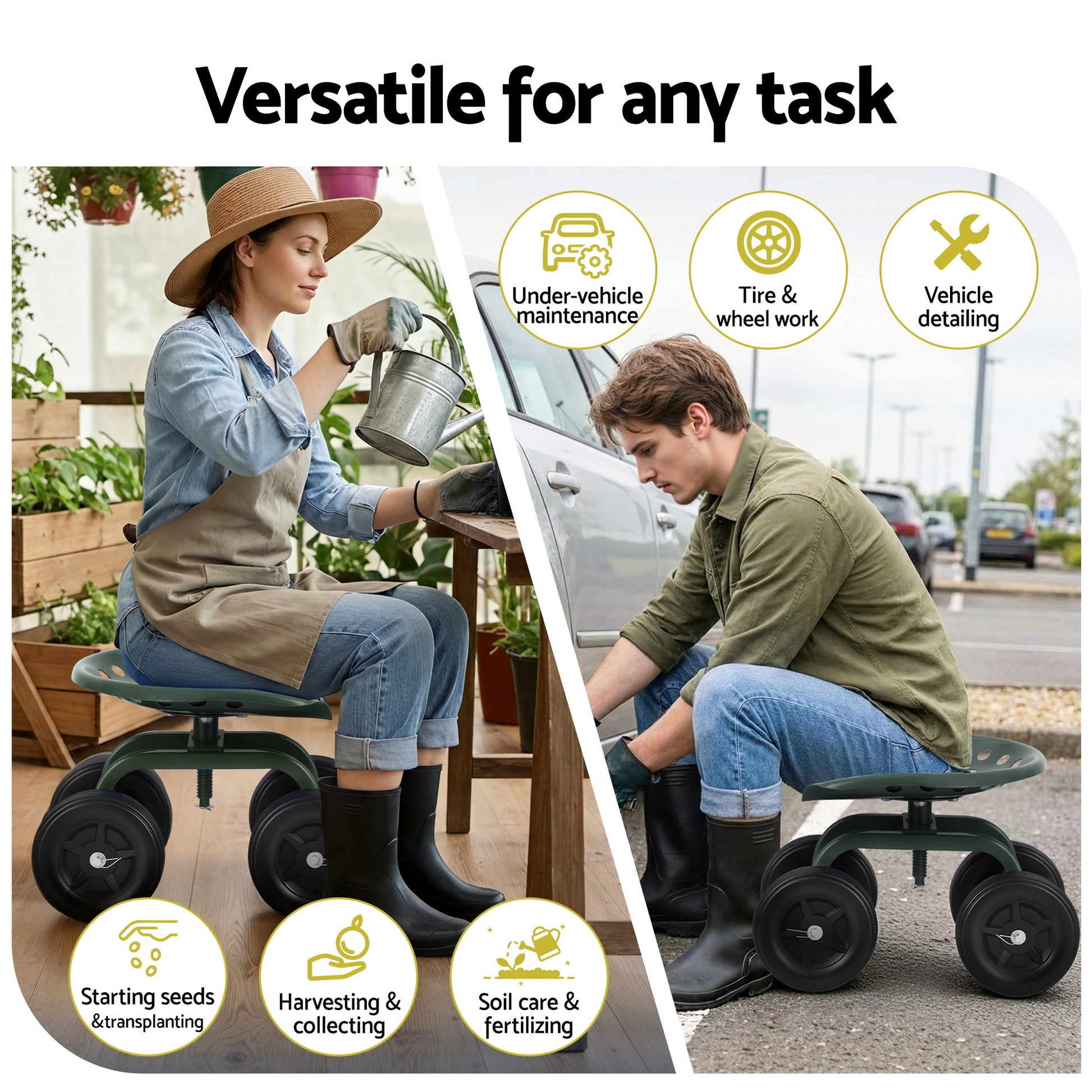 Gardeon Garden Seat 360 Swivel Rolling Adjustable Height Work Scooter Cart Wheels Heavy Duty 150kg GCT-ADJUST-360-GE